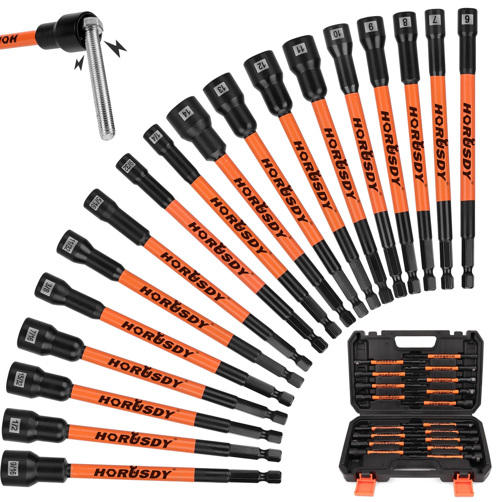 18PC Impact Magnetic Nut Drivers Set SAE & Metric Extra Long 1/4″ Hex Shank Case