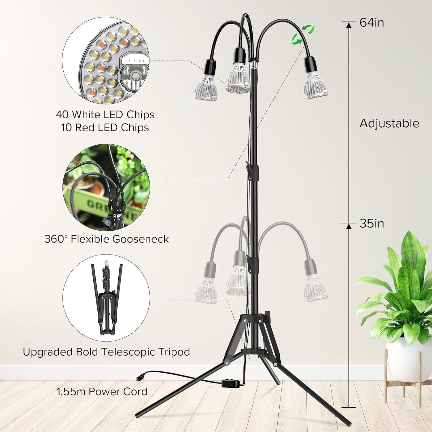 90W/120W SANSI LED Grow Lights with Tripod Stand Full Spectrum House Plant Light