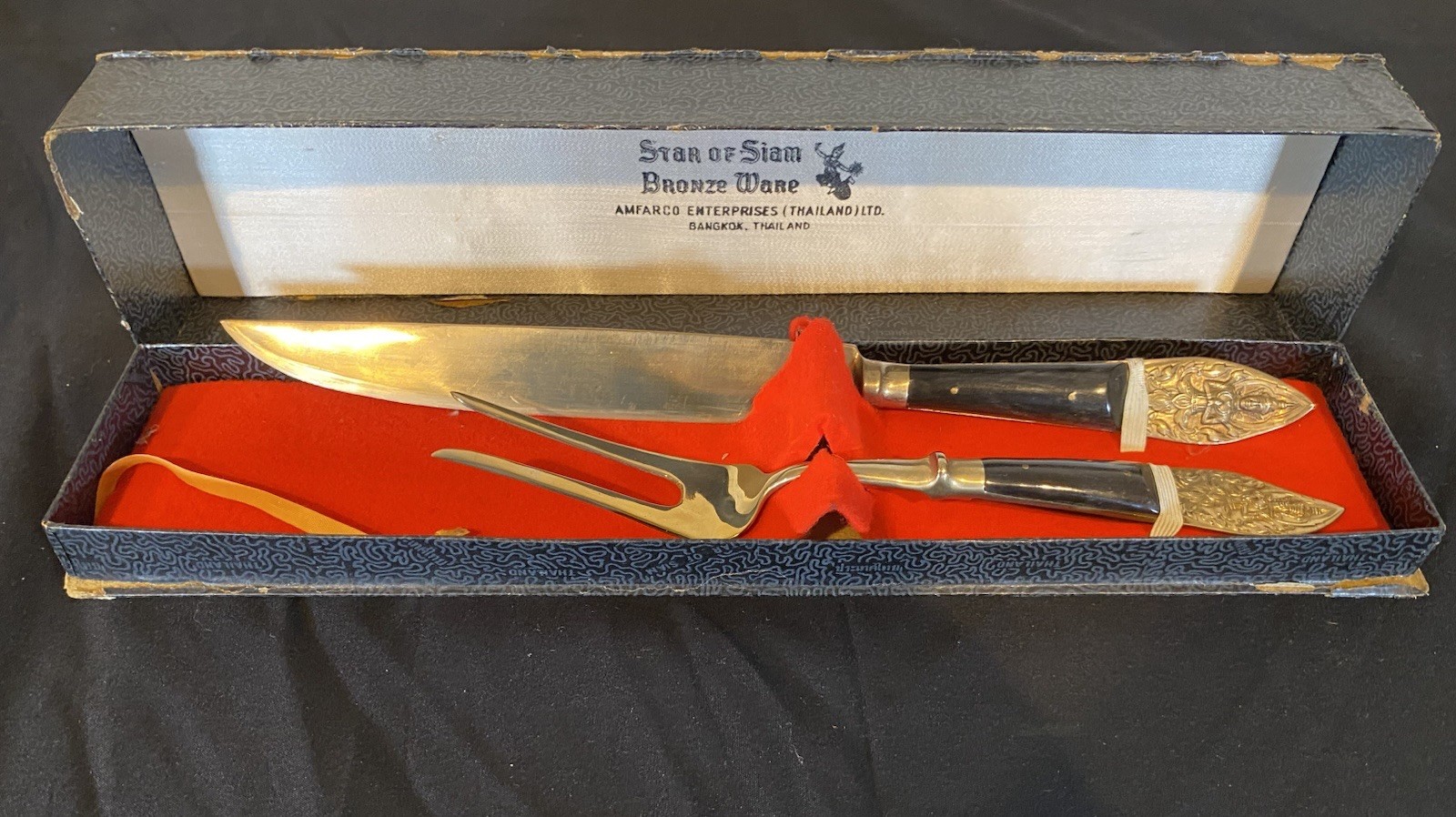 Star of Siam Bronze Ware Thailand Knife Fork Buddha Carving Set w/ Original Box
