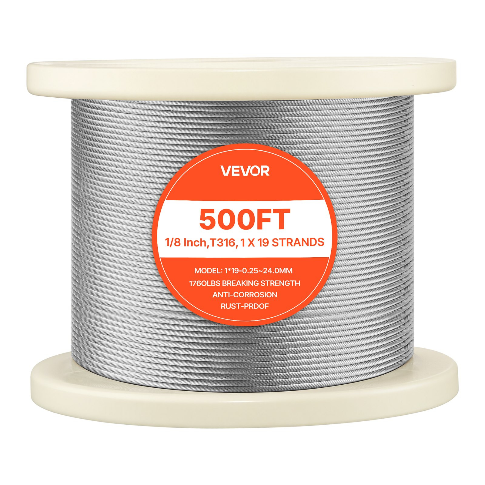 1/8 Inch Wire Rope – 500 ft Stainless Steel Cable with Cutter, 1760 lbs Breaking