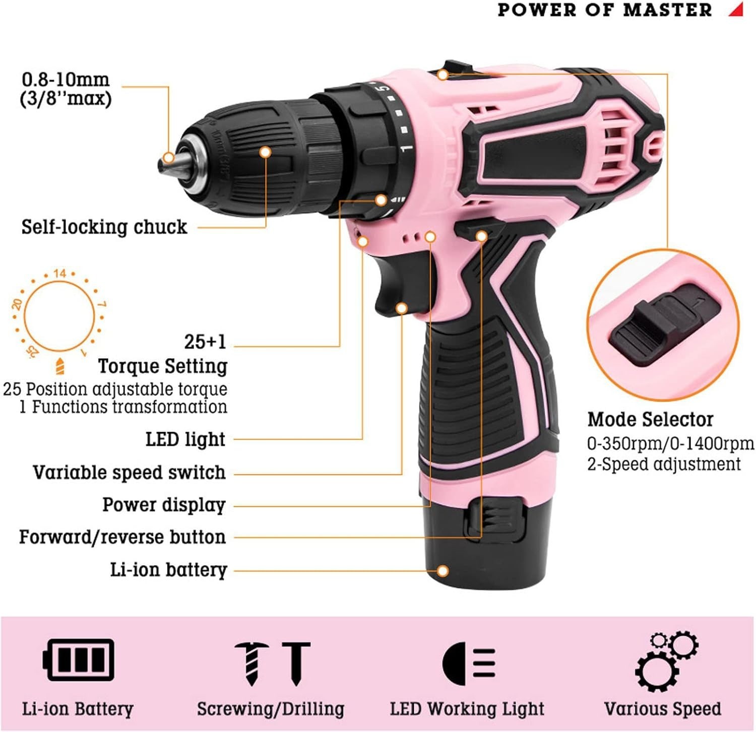 Pink Cordless Drill Driver Set, Electric Cordless Screwdriver Set Rechargeable 1