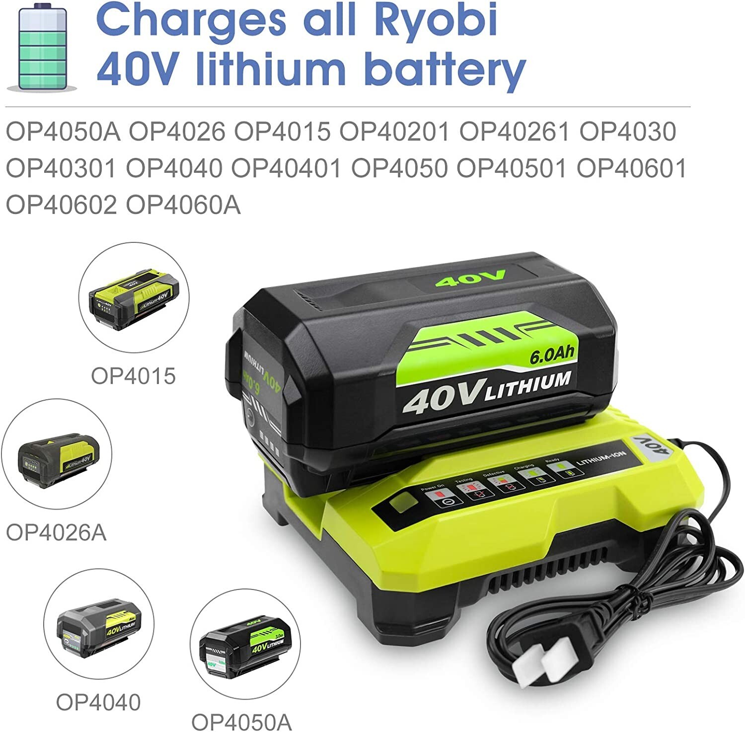 1-2PACK For Ryobi 40V 4.0 Ah Lithium-Ion Battery OP4040 OP4050 OP40602 OP40301