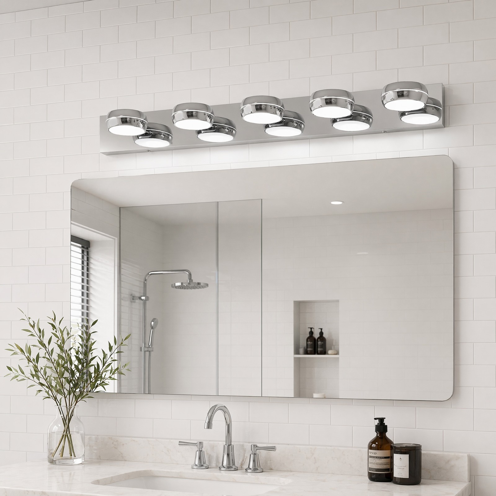 35 in 5 Light Modern Chrome LED Vanity Bathroom Over Mirror Wall Sconce Fixture
