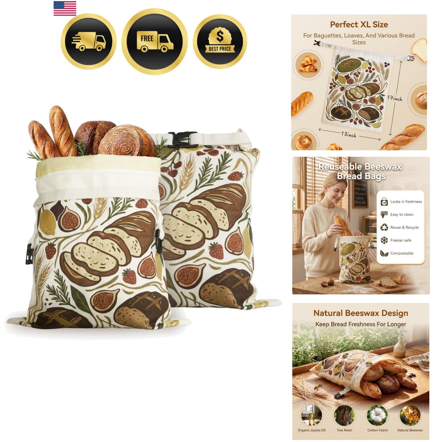 Bread Bags for Homemade Bread – 2 Packs XL Beeswax Bread Bags, 2026 Reusable …