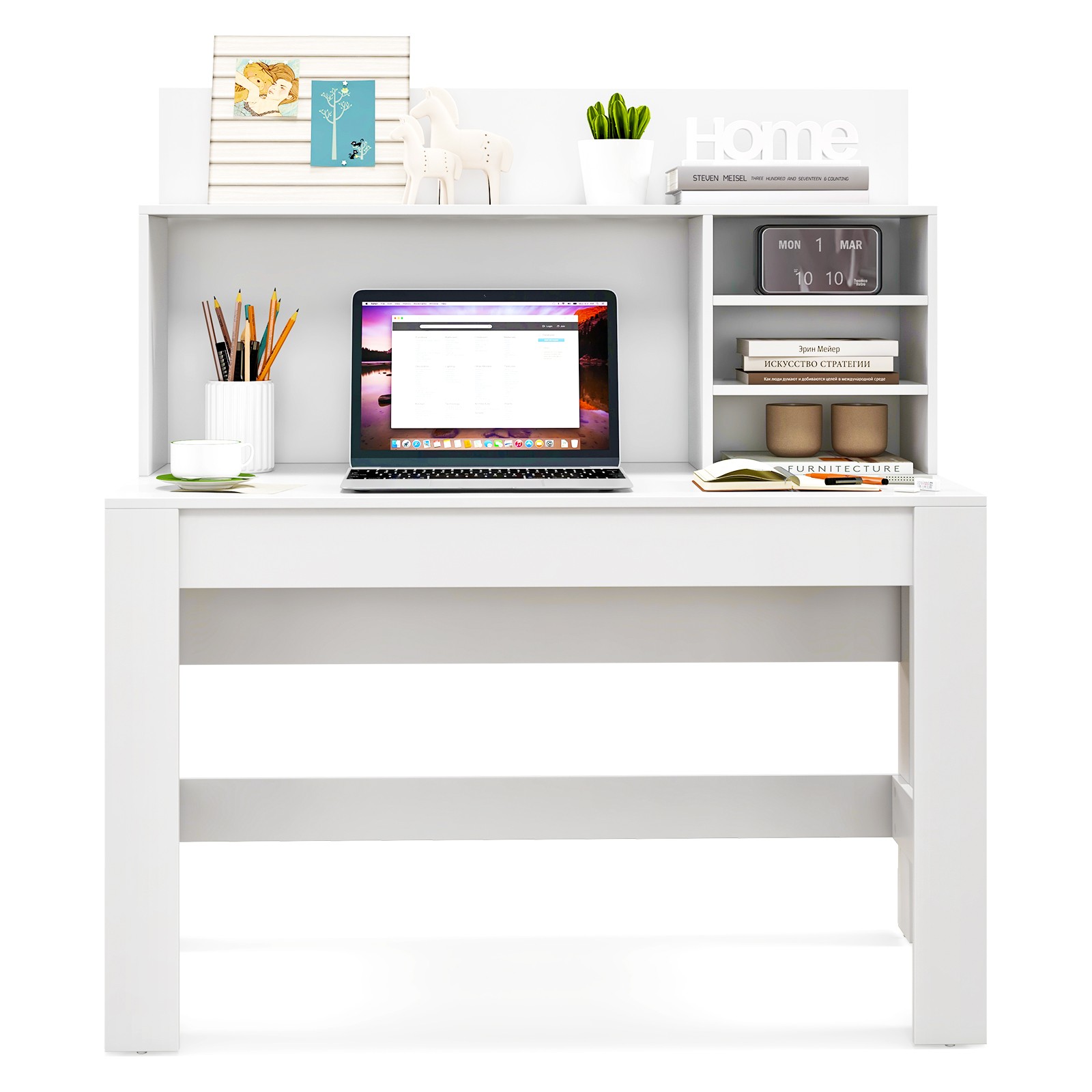 Home Office Computer Desk Study Table Writing Workstation Hutch Cable Hole White