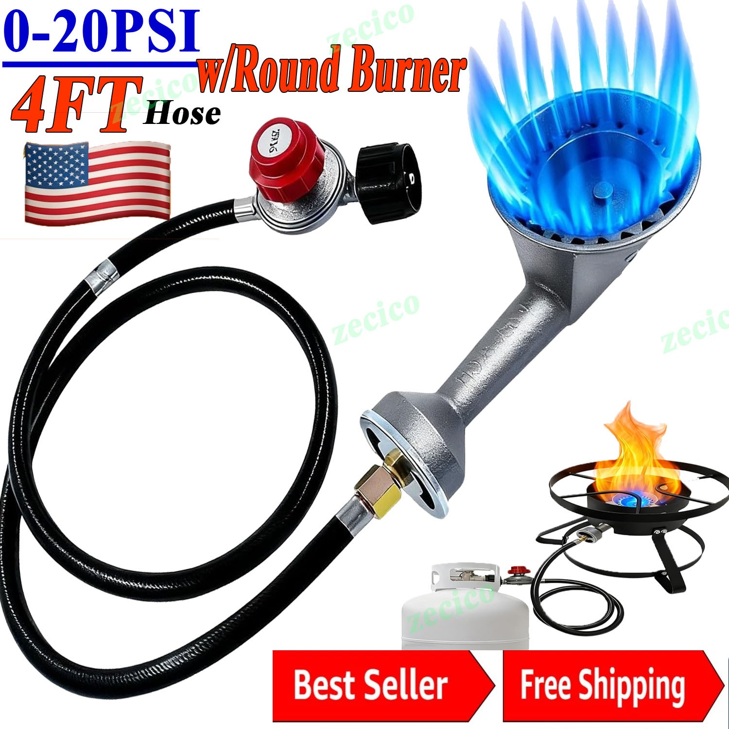 High Pressure Cast Iron Propane Round Burner Head w/ 20 PSI Regulator & 4FT Hose