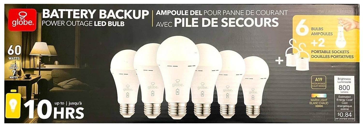 Globe Power Reserve Battery Backup Bulb Power Failure Bulb 6Pk 800lm 60W 10Hrs
