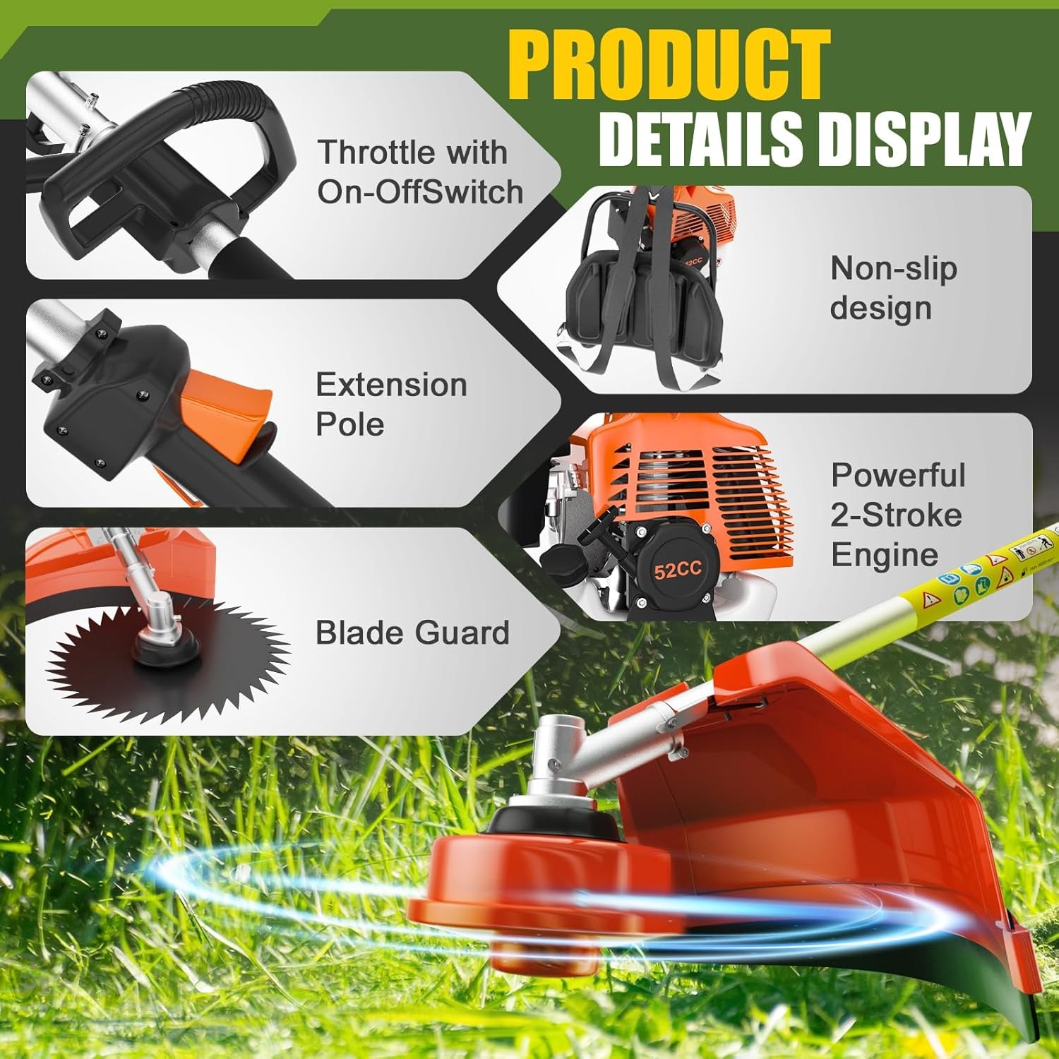 52cc 2-Stroke Weed Eater Gas Powered 3 in 1 Brush Cutter Grass Trimmer for Yard