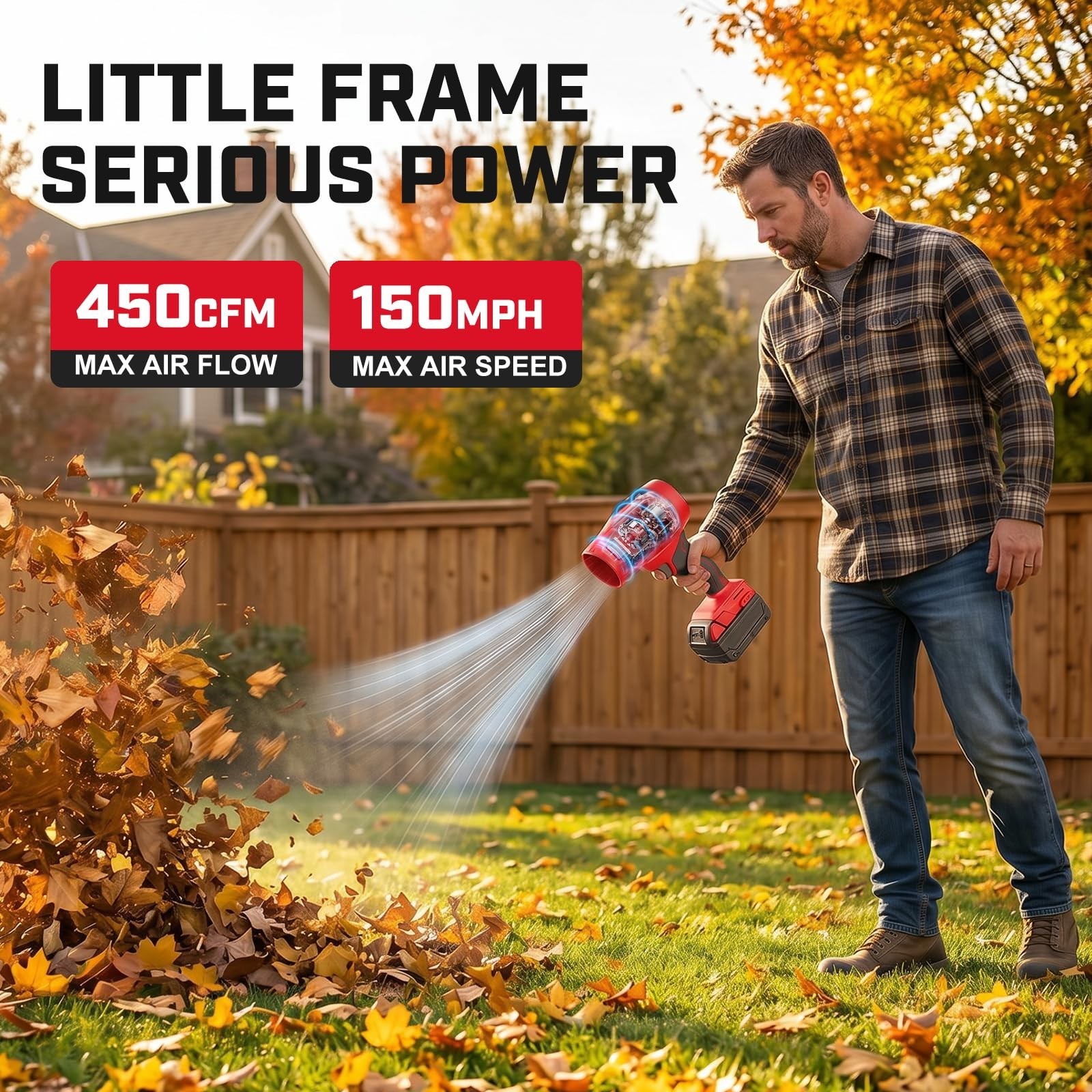 Powerful Cordless Leaf Blower 450 CFM 150 MPH, Handheld, Stepless Speed, Lawn &