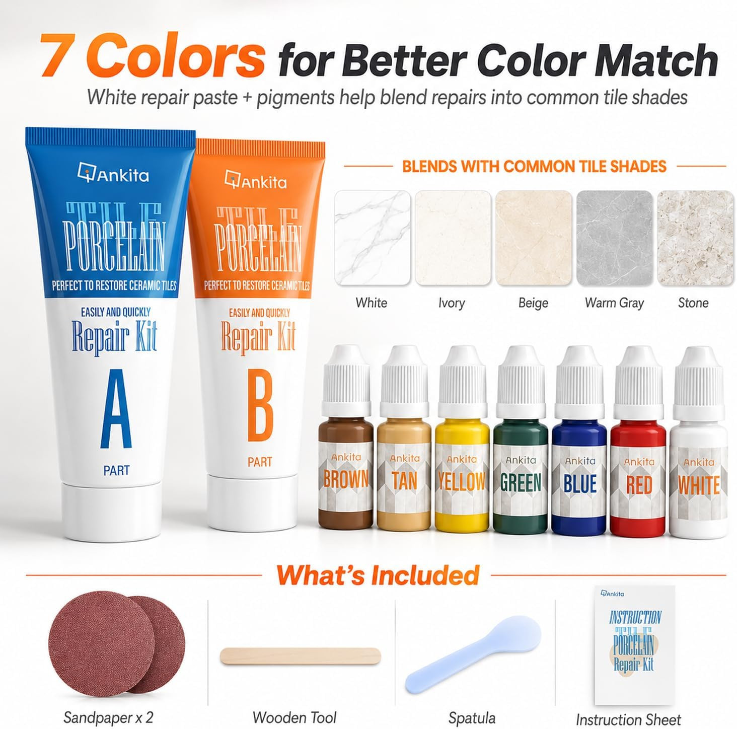 Tile Repair Kit, Ceramic Tile Repair Kit for Chips & Crack (Color Match), Porcel