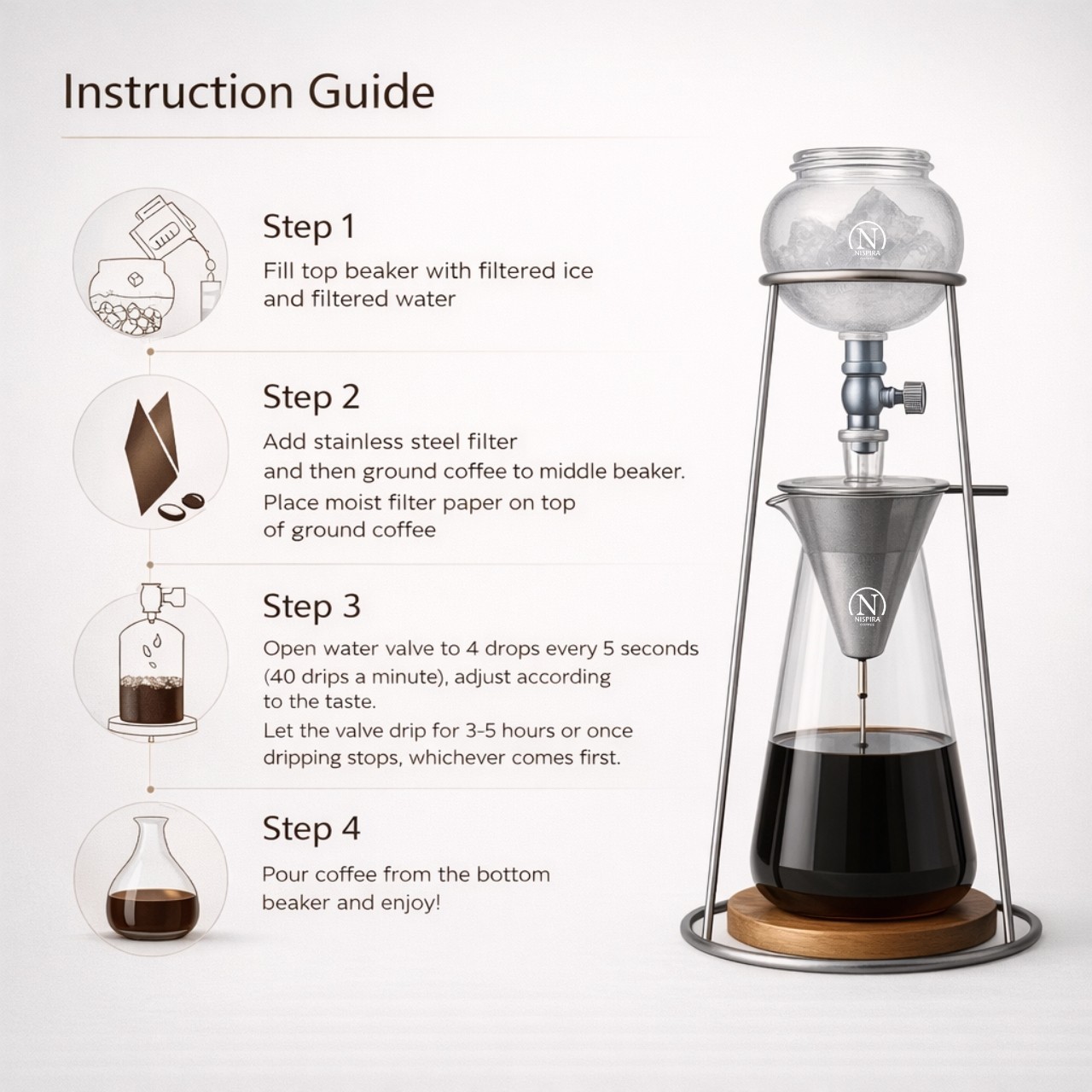 Iced Coffee Cold Brew Drip Coffee Maker Stainless Steal 400mL Borosilicate Glass