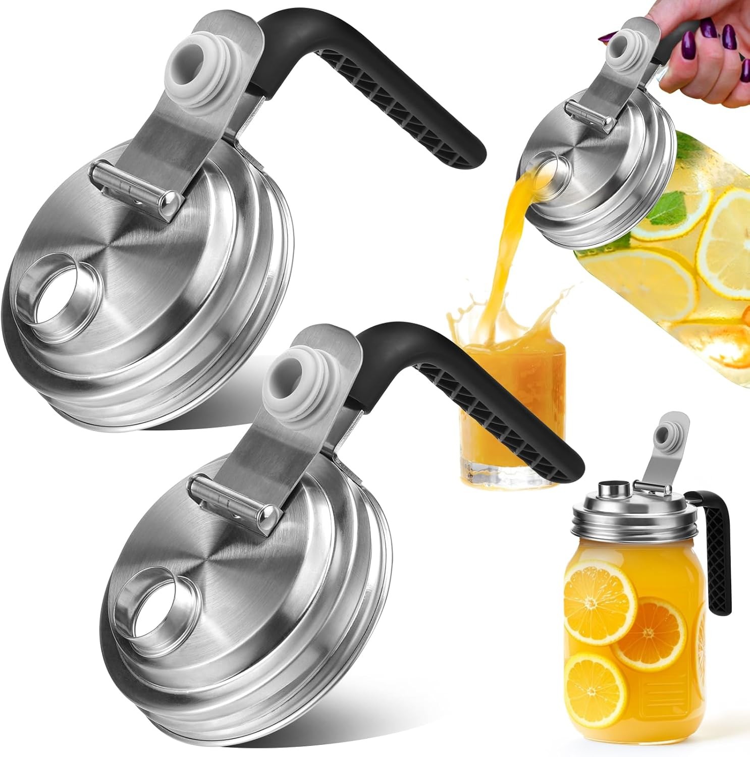 Mason Jar Pour Spout Lid Stainless Steel with Handle, Wide Mouth Pour 2PCS