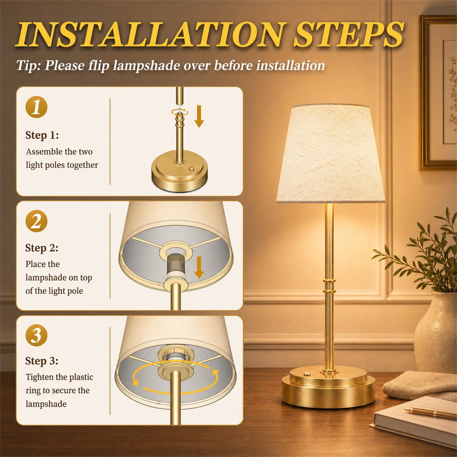 Rechargeable Cordless Table Lamp Gold – 1 Pack Brass 7500mAh Battery Operated…