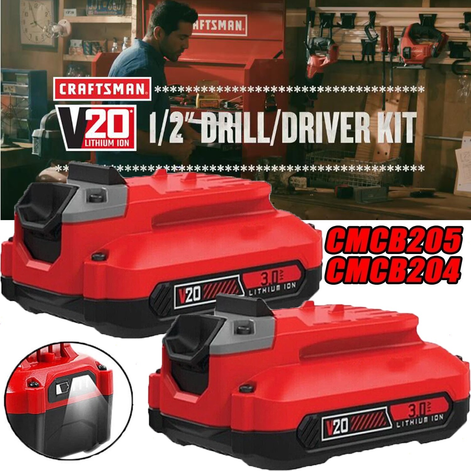 2PACK 20Volt For Craftsman V20 8.0Ah Li-ion Battery CMCB204 CMCB202 /Charger