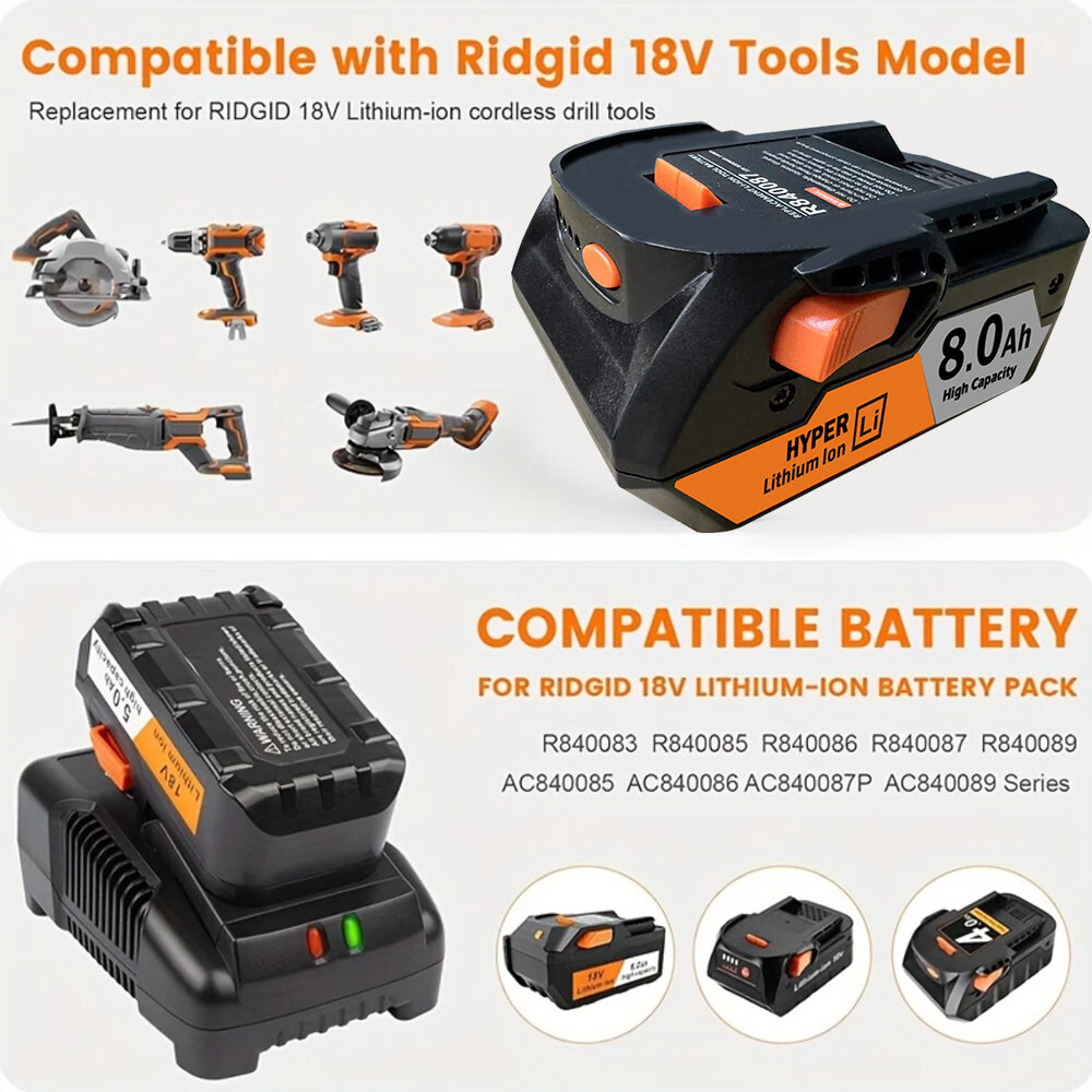 Pack 8.0Ah For RIDGID 18V Hyper Battery R840087 R840083 R840085 R840084 Tools
