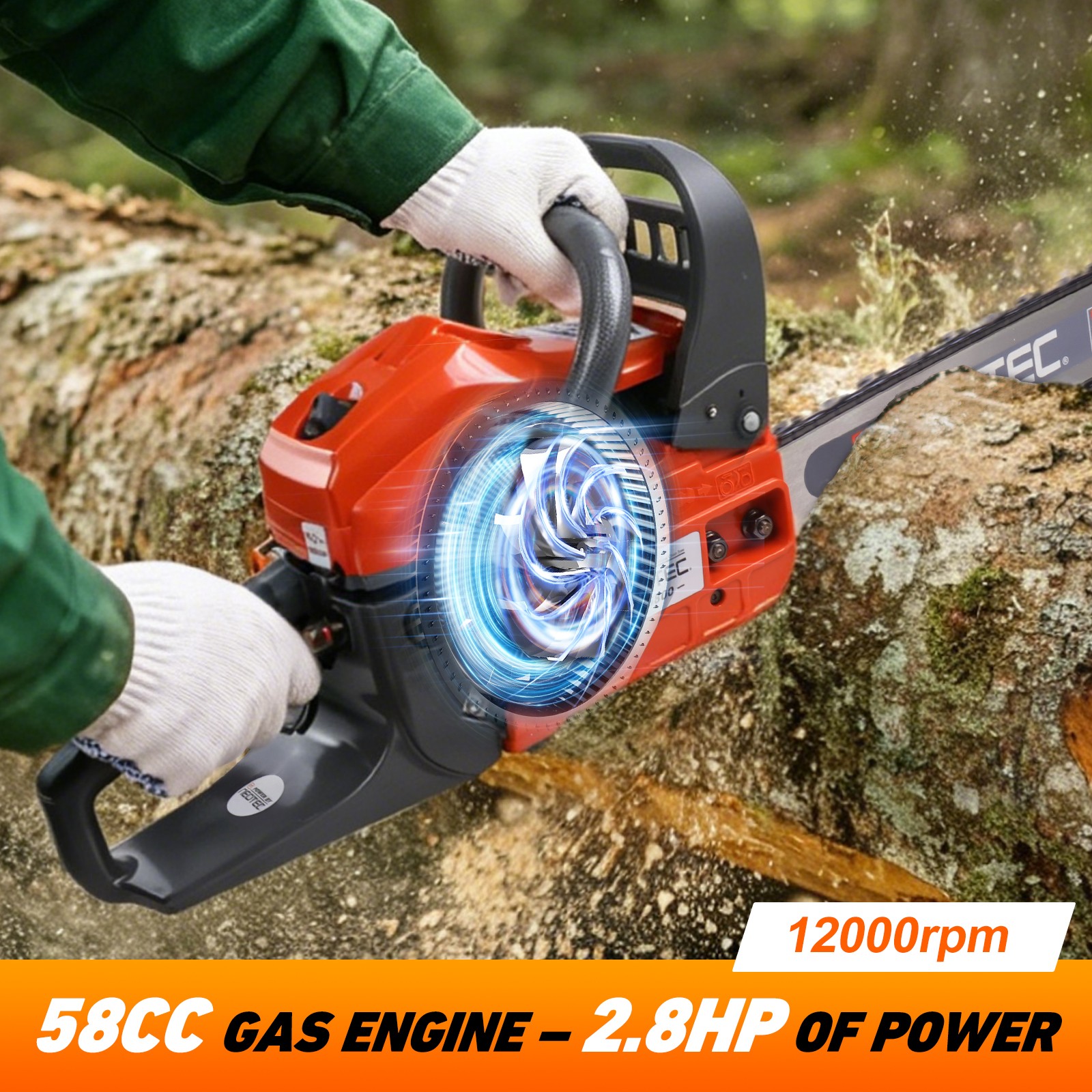 62cc Gas Powered Chainsaw with 22” Guide Bar Saw Chain 2-Stroke Engine Cut Wood