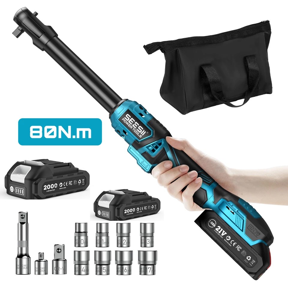 Seesii 21V 3/8″ Cordless Ratchet Wrench 59 Ft-lbs 2 Battery 8 Sockets Brushless
