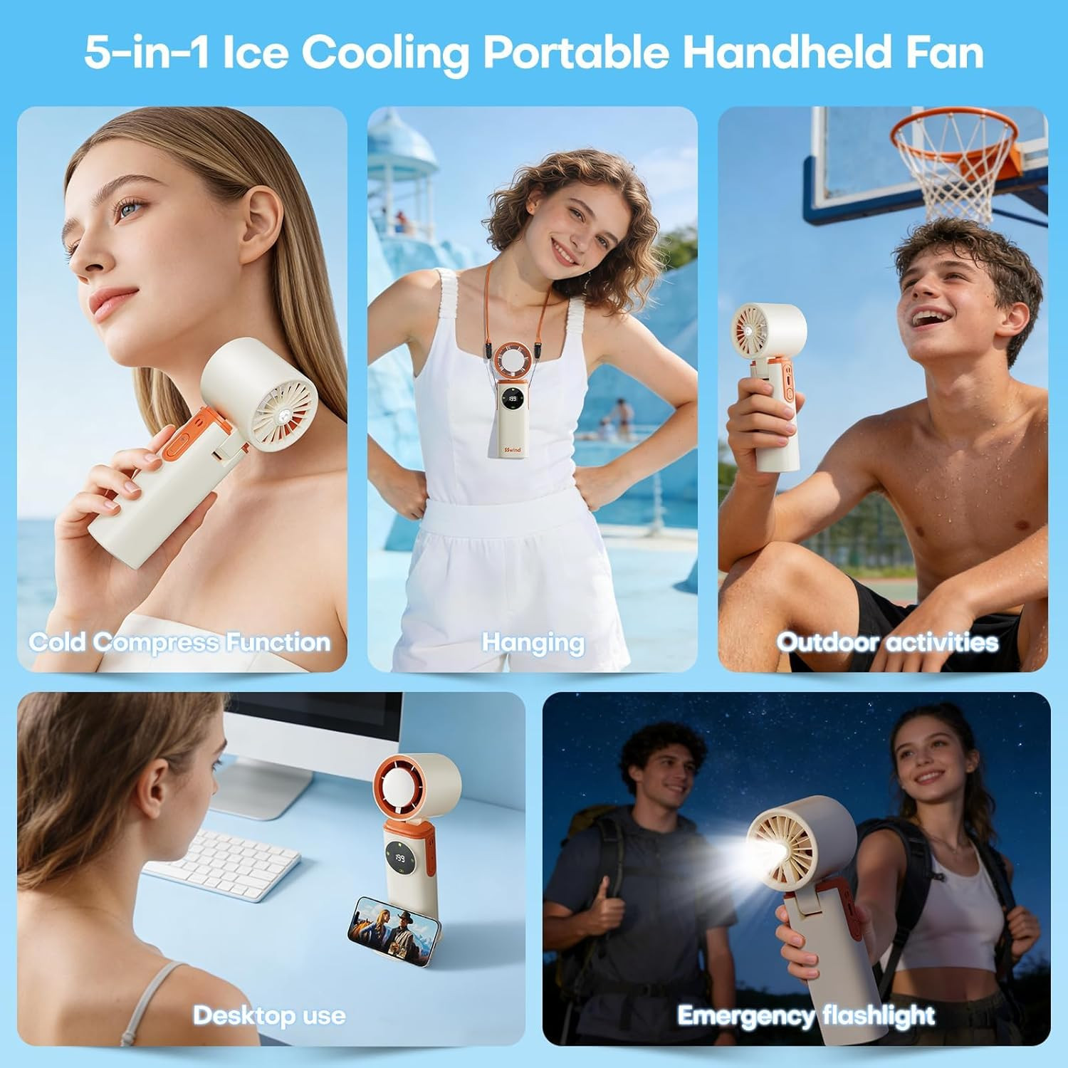 6000Mah Portable Handheld Fan with Ice Cooling, 199 Levels Stepless Speed, 20H L