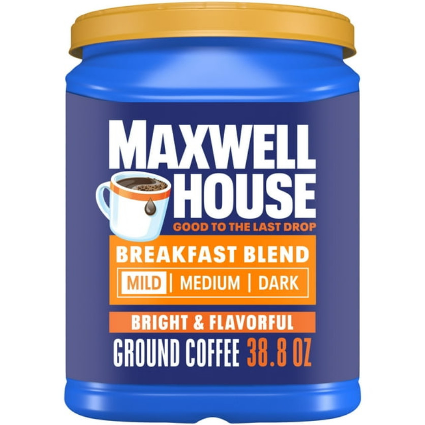 Maxwell House Breakfast Blend Ground Coffee, Mild Roast, 38.8 oz Canister –4Pack