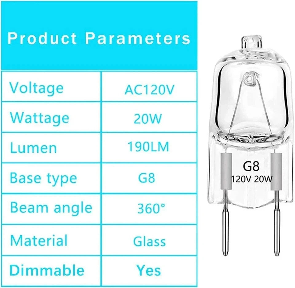 10pcs G8 Halogen Bulb Light 20Watt 120Volt Base Bi-Pin Bulbs Lampe Warm White