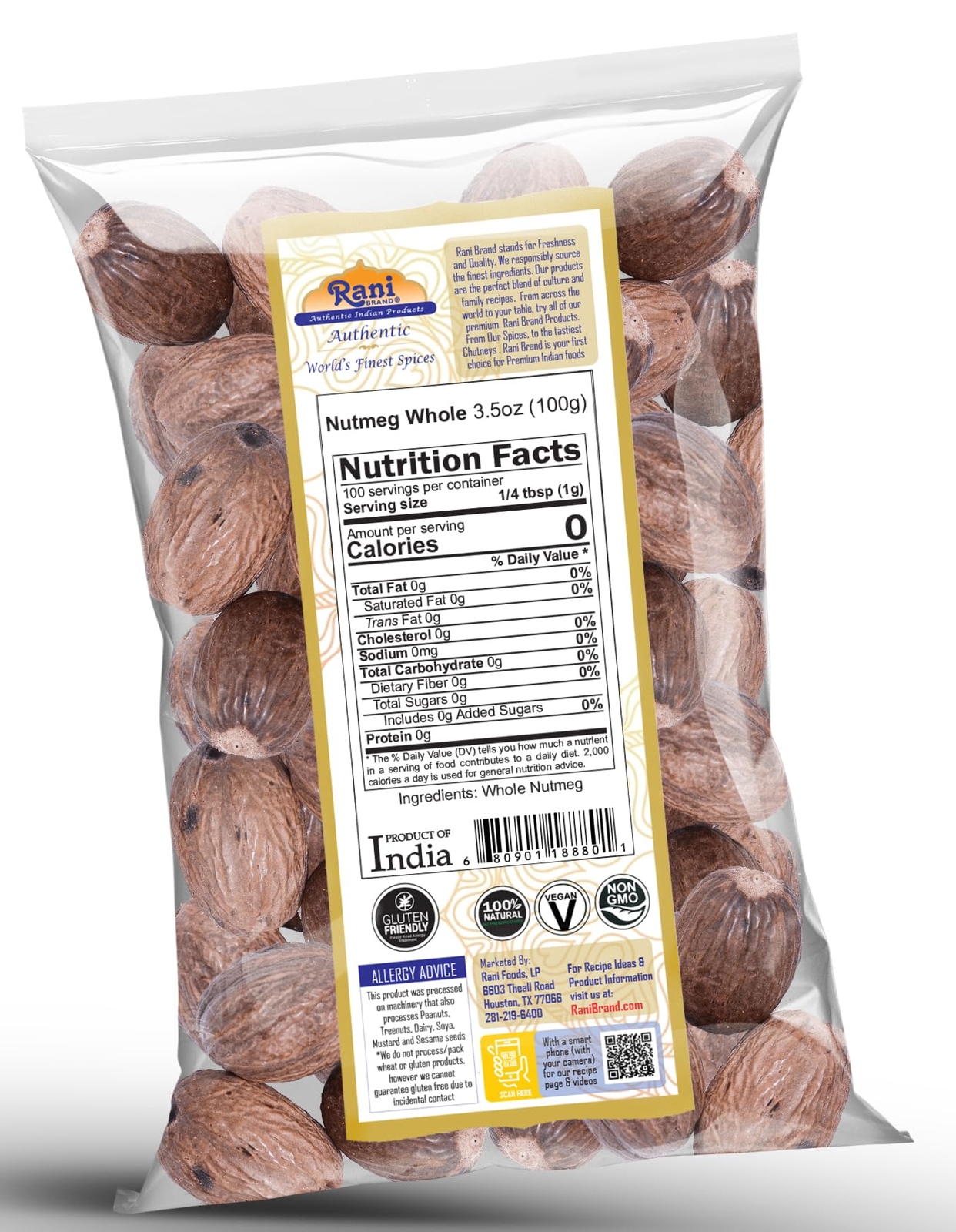Rani Nutmeg (Jaiphul) Whole Spice, 21-23 Pieces, 3.5oz (100g)