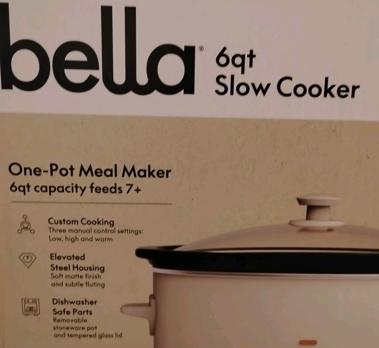 Bella Large 6 Qt Slow Cooker, Stoneware Pot Glass Lid Dishwasher Safe Parts