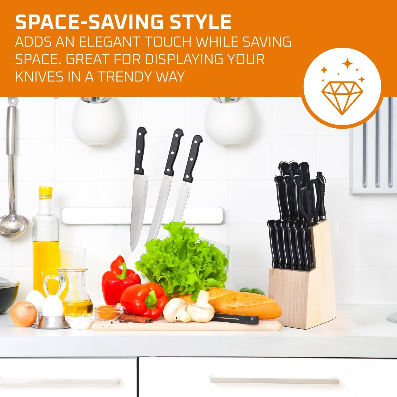 NEW 15-PIECE KITCHEN KNIFE WOOD BLOCK SET STAINLESS STEEL