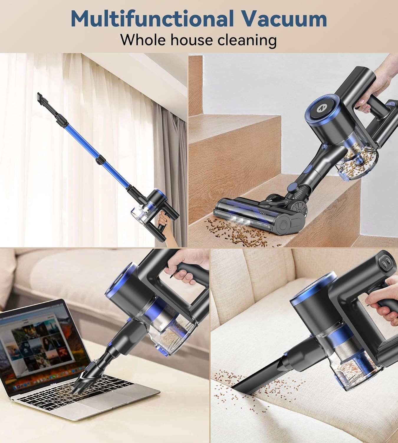 Cordless Vacuum Cleaner 65KPa Lightweight Pet Hair Carpet Hardwood Stick 1.5L