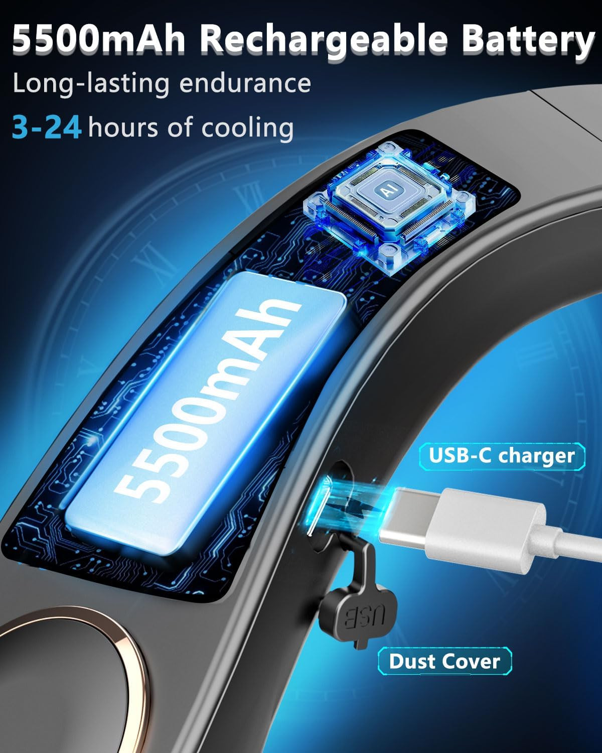 Neck Fan with Cooling Plate, Quiet 30Db, 3-24Hrs Cooling,5500Mah Battery,Led Dis