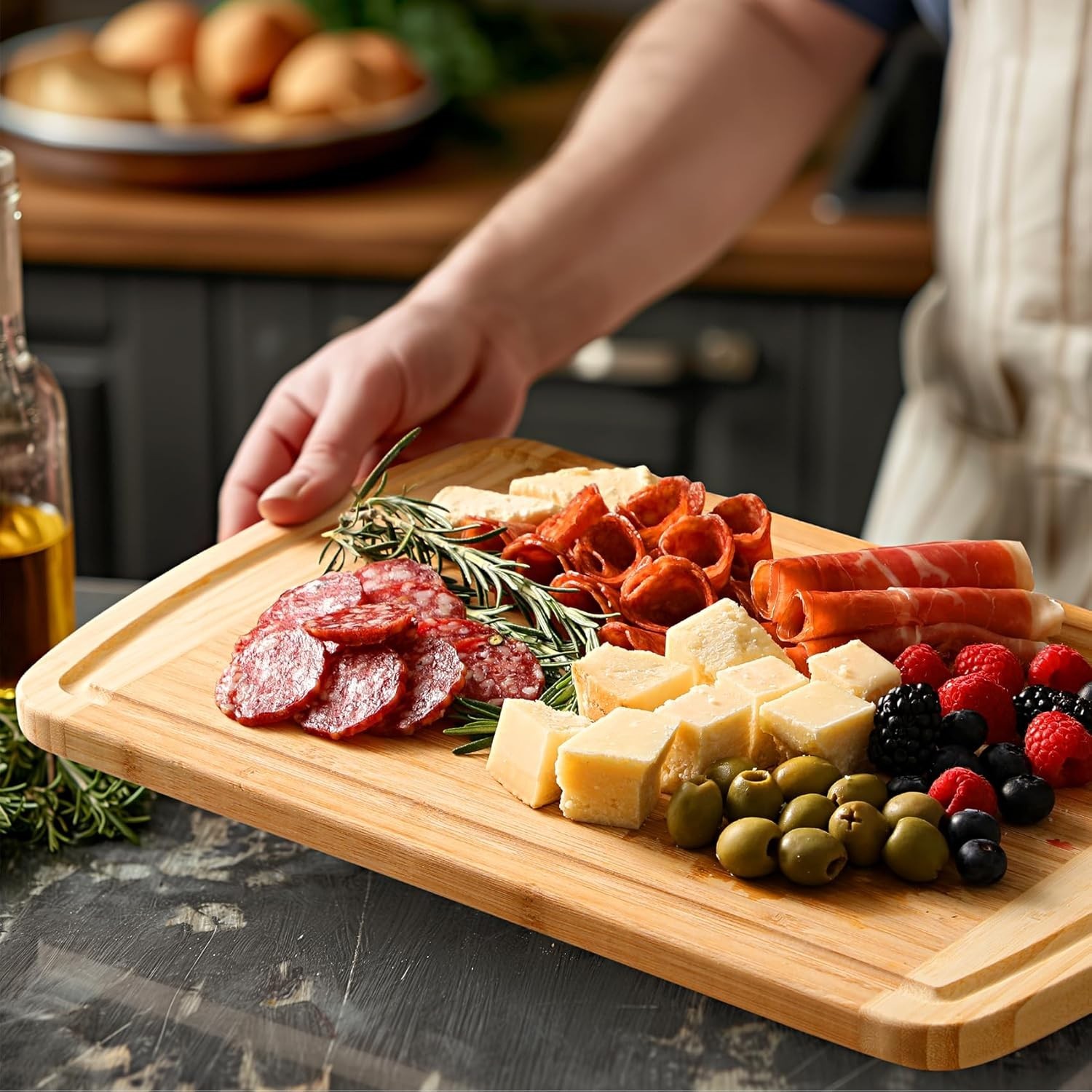 Large Wooden Cutting Board for Kitchen Meal Prep & Serving – Bamboo Cutting B…