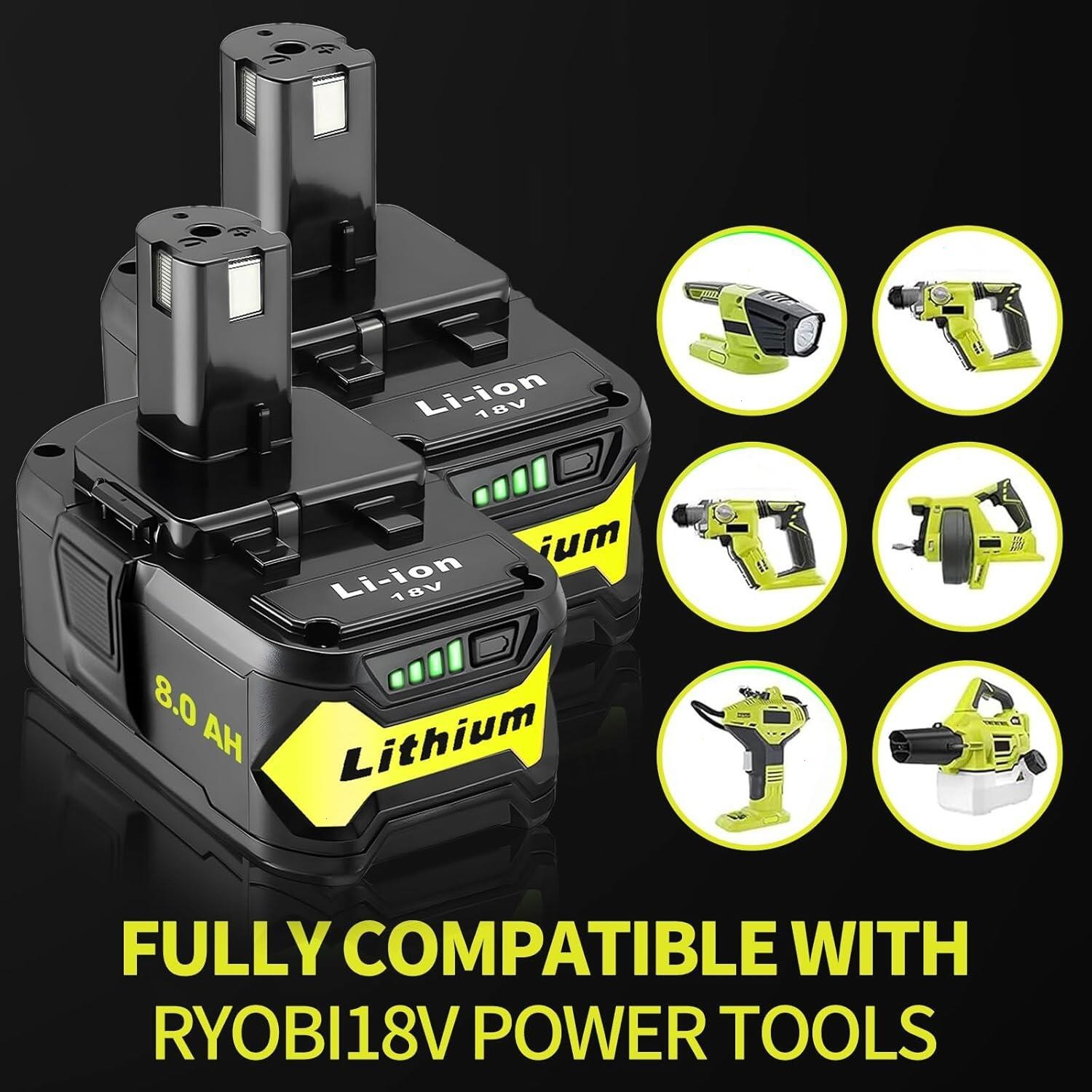 2Packs Max 8.0Ah For RYOBI 18V Lithium-Ion P108 High Capacity Battery/Charger