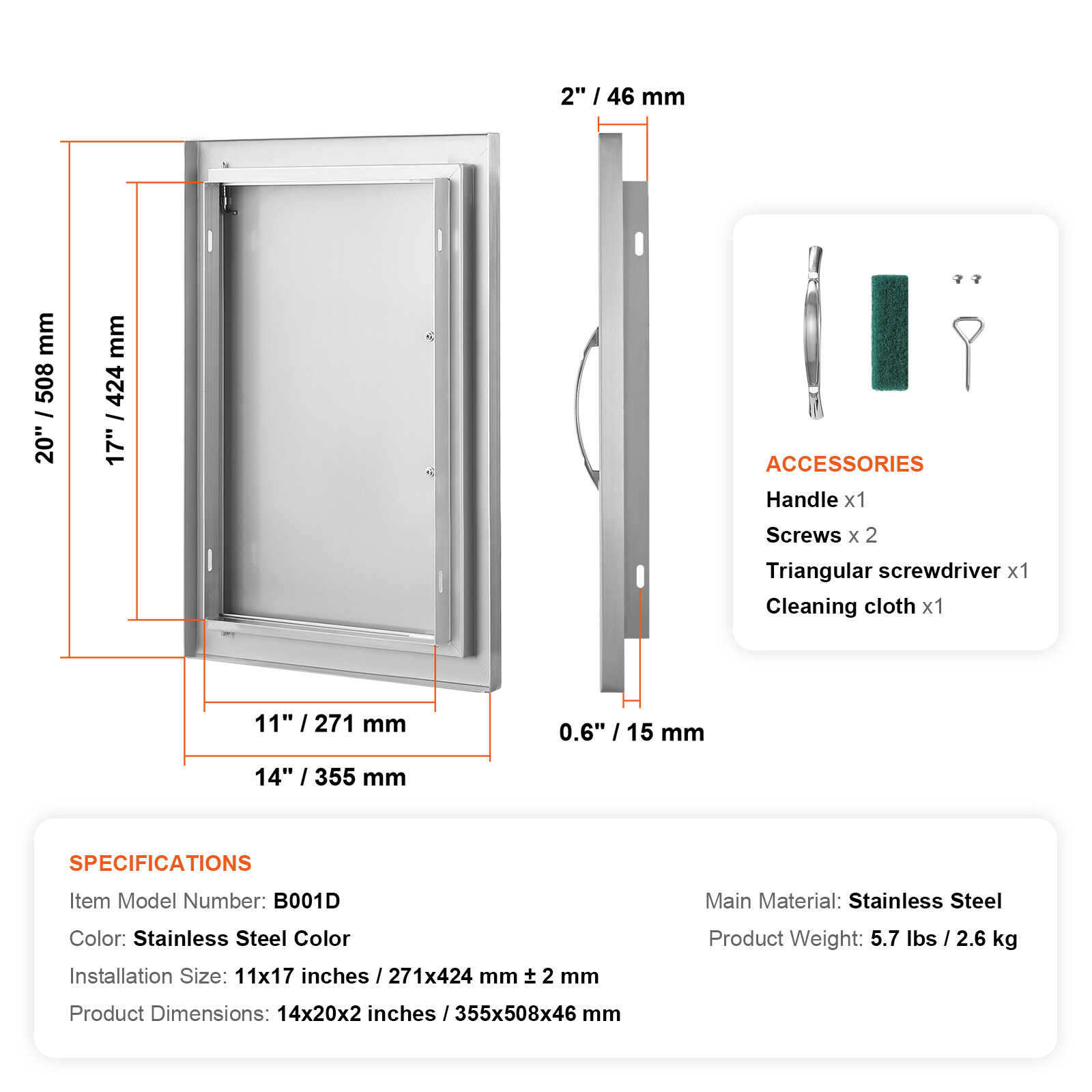 VEVOR 14×20 Inch BBQ Island Access Door Outdoor Kitchen Door Stainless Steel