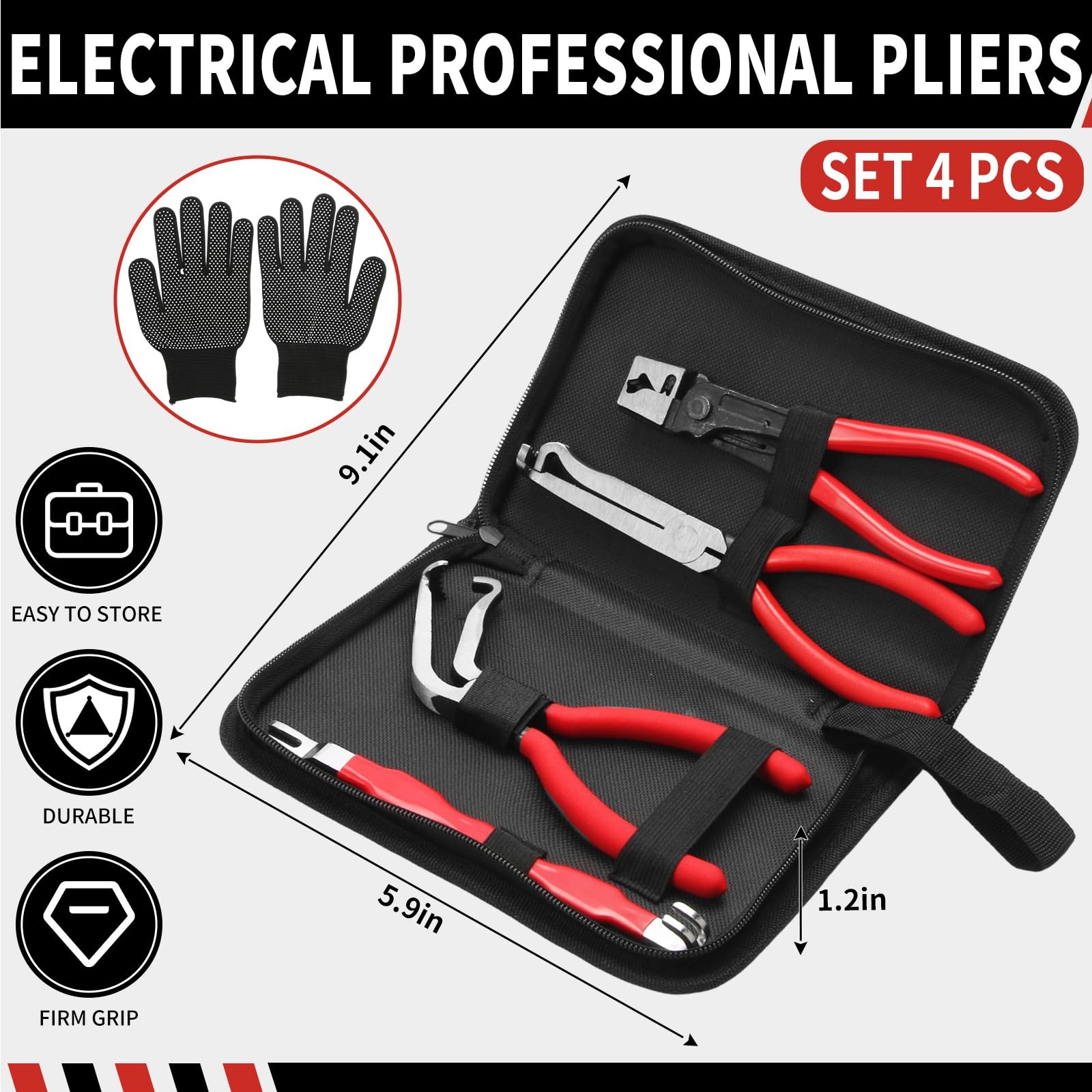 【5-Pcs Kit】Electrical Disconnect Pliers Set w/Gloves – Auto Connector Tool fo…