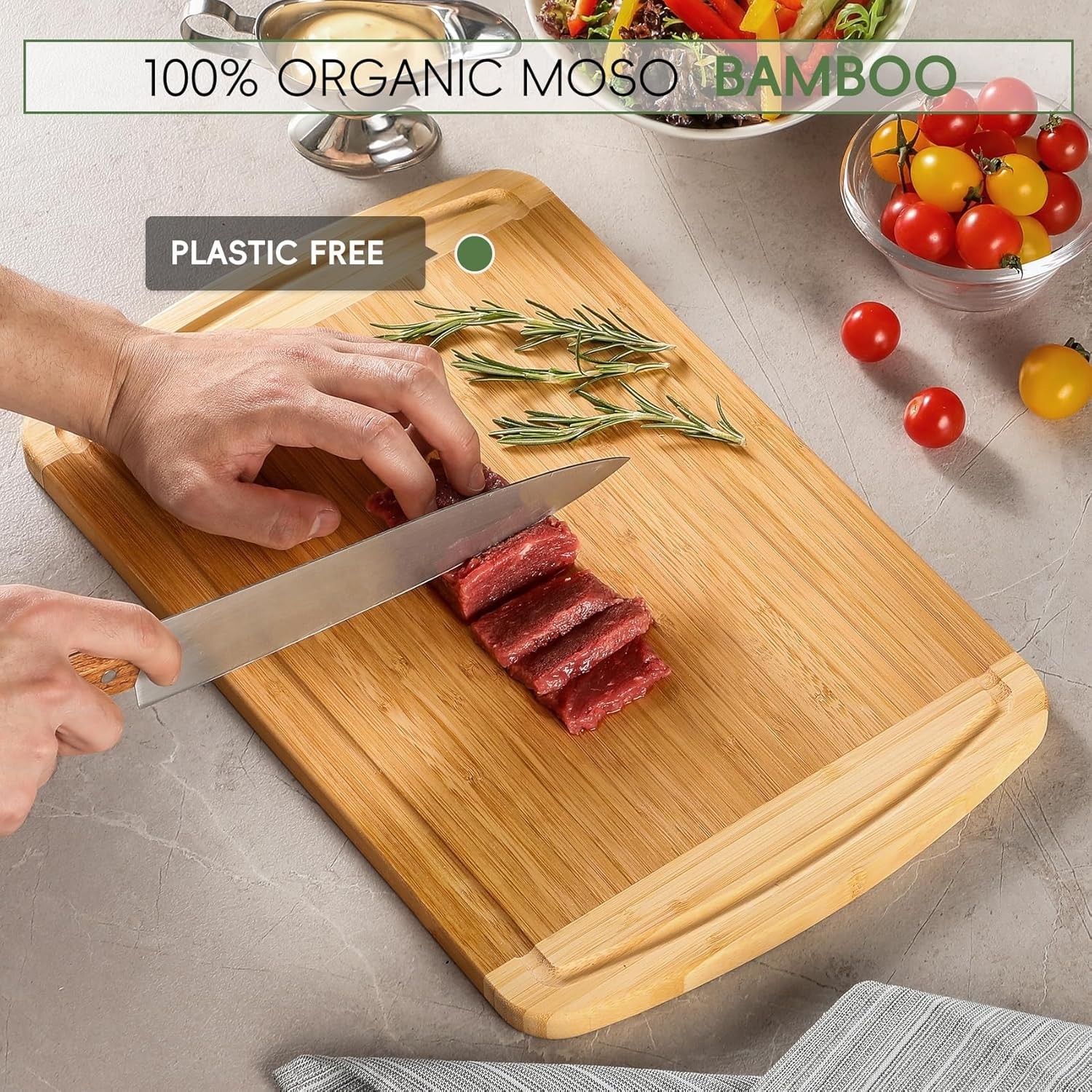 Large Wooden Cutting Board for Kitchen Meal Prep & Serving – Bamboo Cutting B…