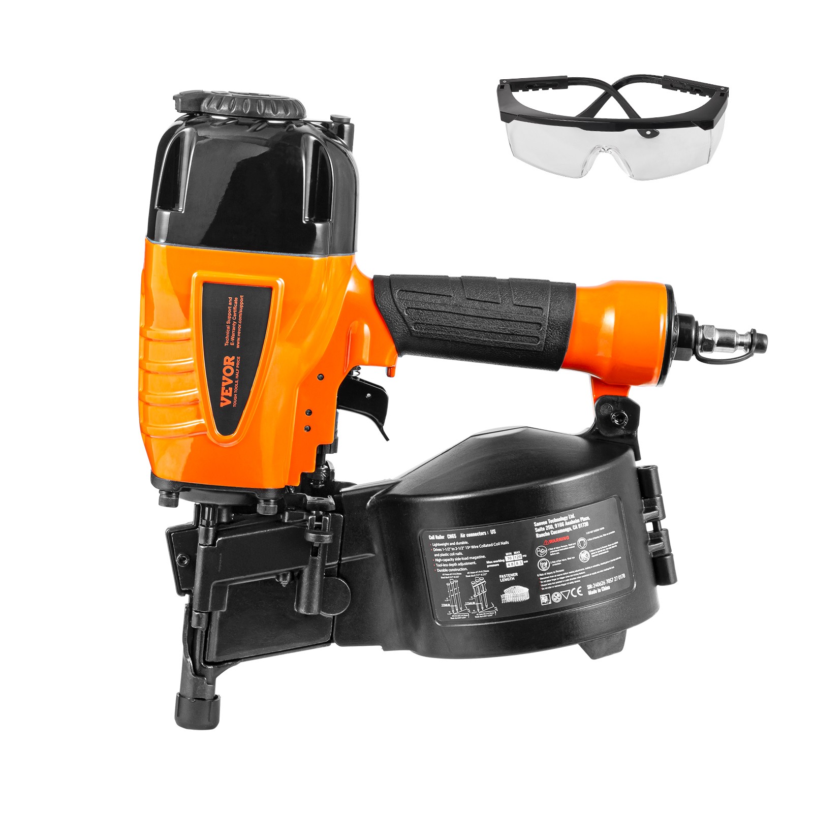 VEVOR CN65 Coil Siding Nailer 1-1/4″ to 2-1/2″ 15 Degree Pneumatic Nail Gun
