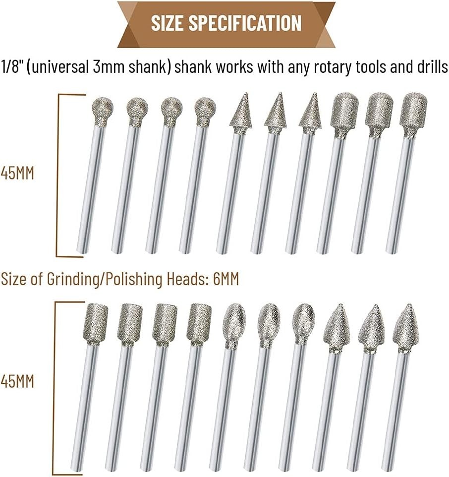 20-Piece Diamond Burr Set for Precision Engraving & Polishing – 1/8 Inch Shank