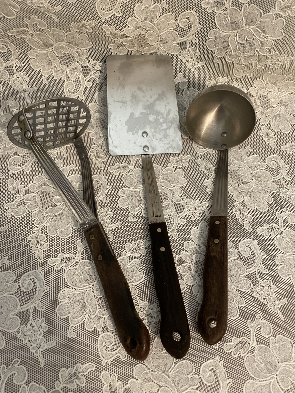 Imperial Veri-Sharp USA Stainless Steel Wood Handle Set Of 3 Spatula Masher Ladl