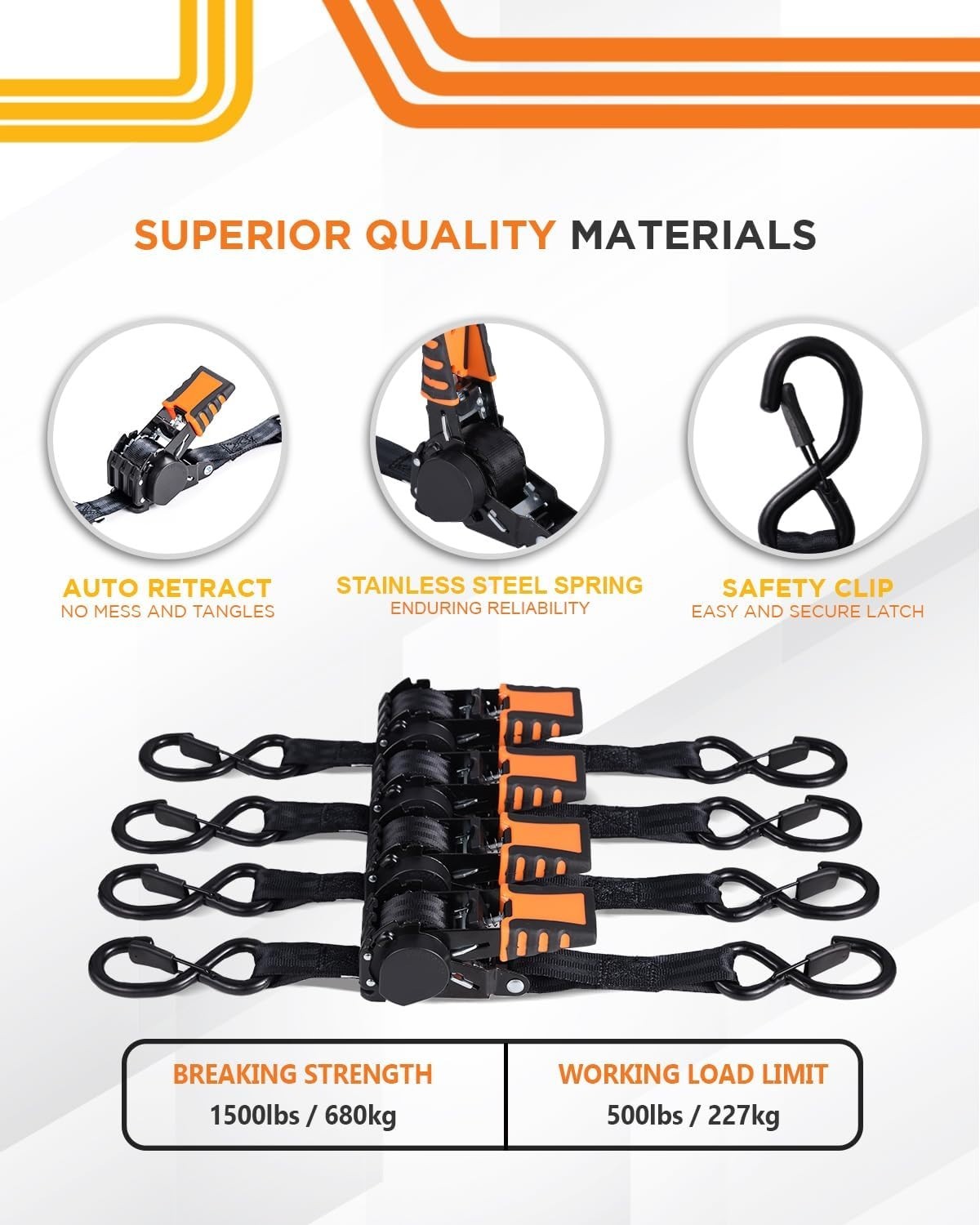 4pcs Retractable Ratchet Straps 1 in x 6 ft – 1,500LBS Breaking Strength