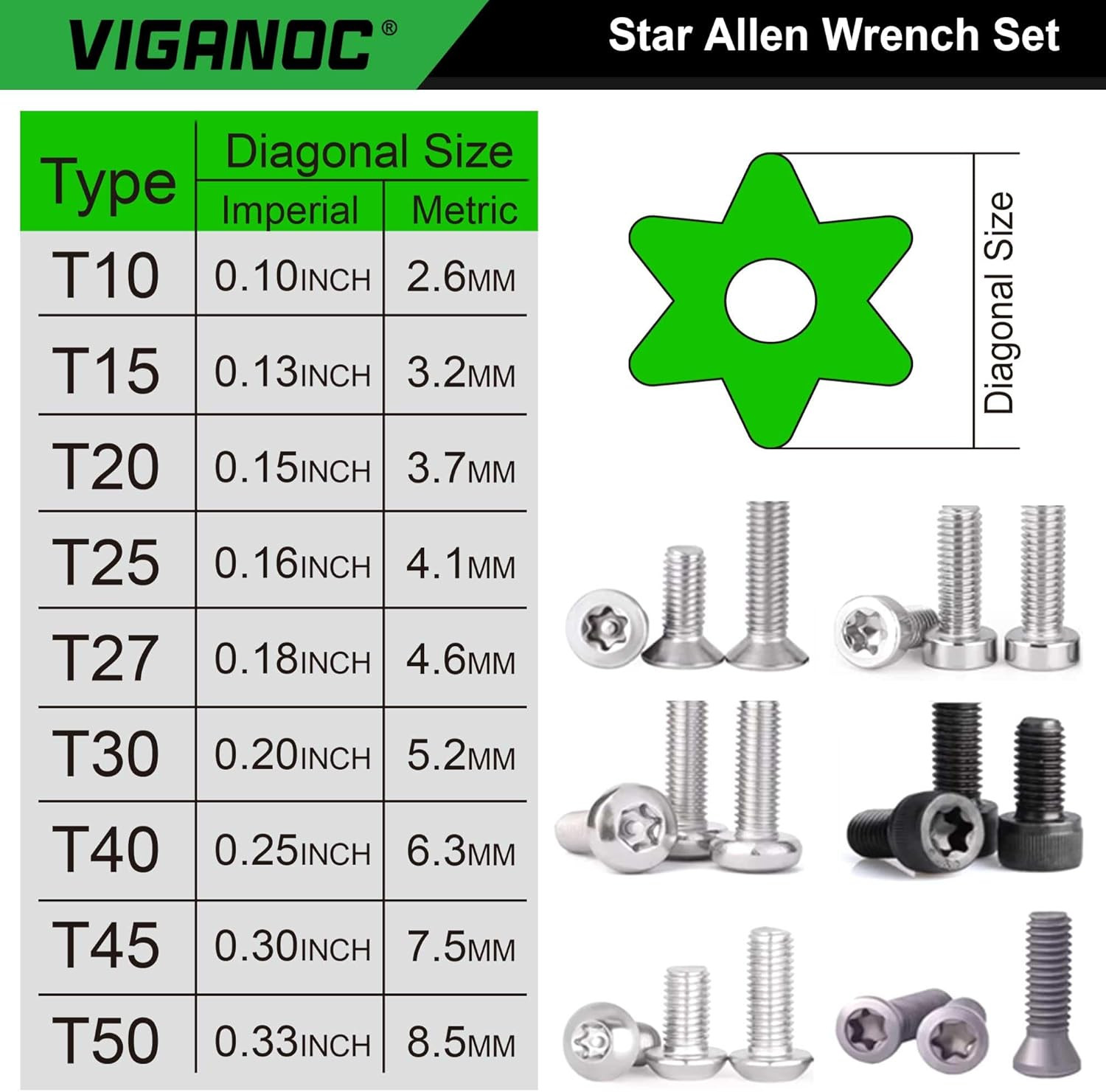 Chrome Vanadium Steel Long Arm Torx Star Allen Wrench Set, T10-T50, 9-Piece