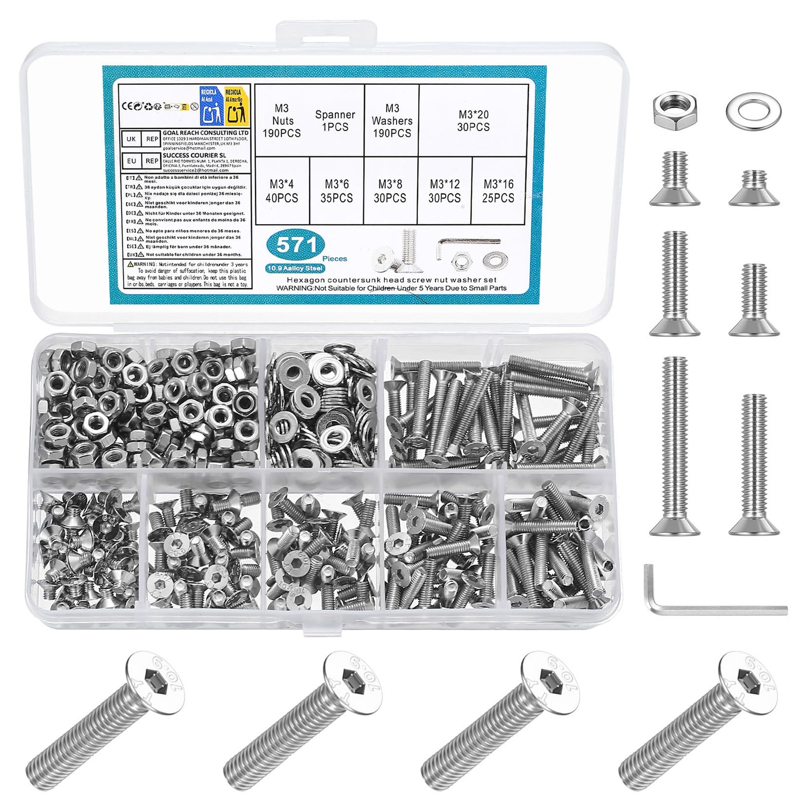 M3M4M5M6M8 Hex Socket Head Countersunk Screws Bolts Nuts Washers Assortment Kit