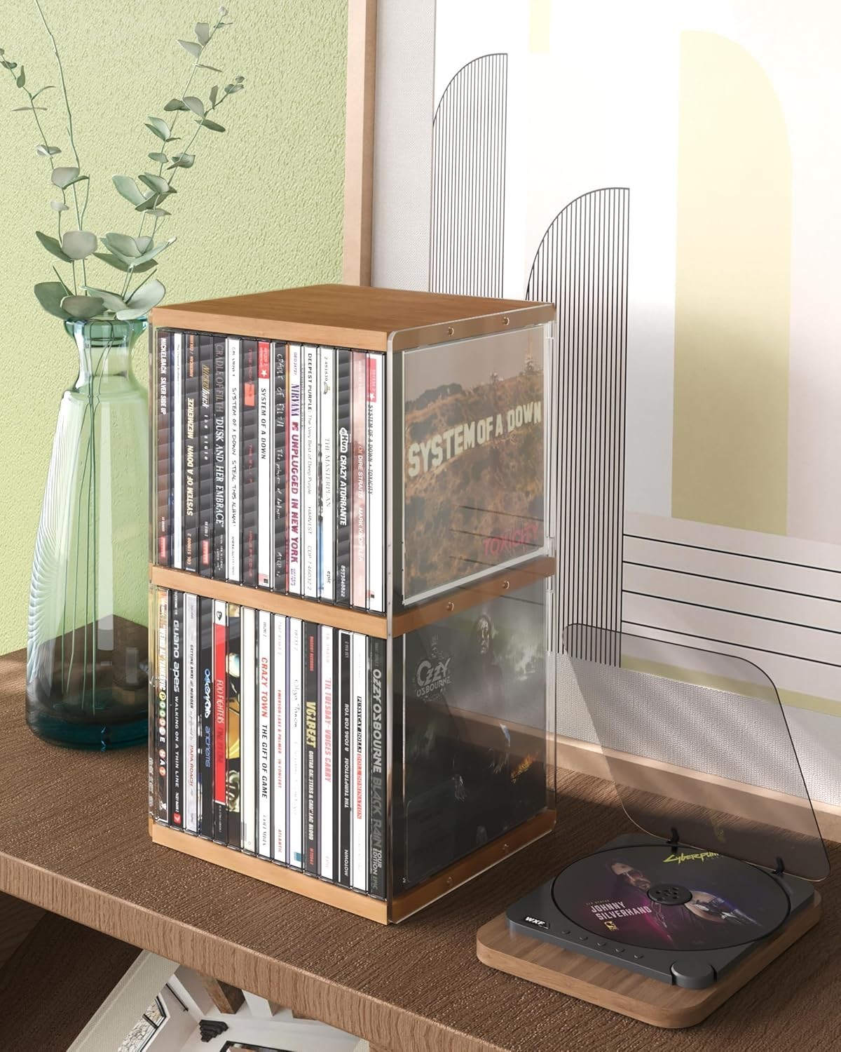 Retro Walnut CD Holder Desk Rack Organizer Storage Shelf Tower 30 Pcs