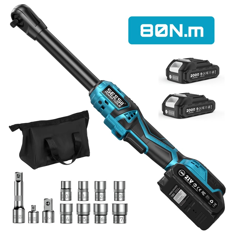 Seesii 21V 3/8″ Cordless Ratchet Wrench 59 Ft-lbs 2 Battery 8 Sockets Brushless