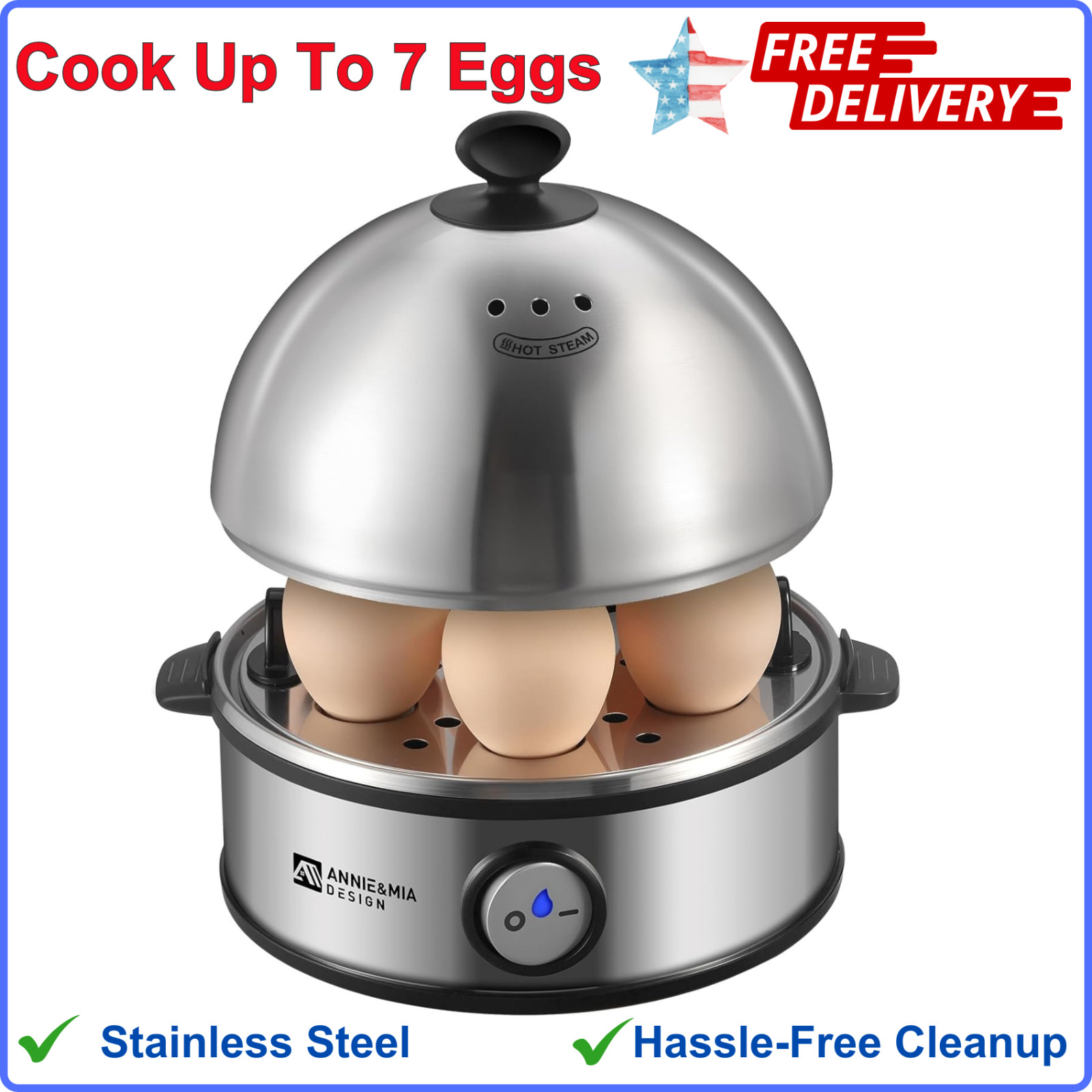 Electric Egg Cooker, All Stainless Steel 7 Egg Capacity Egg Boiler 360W BPA-free