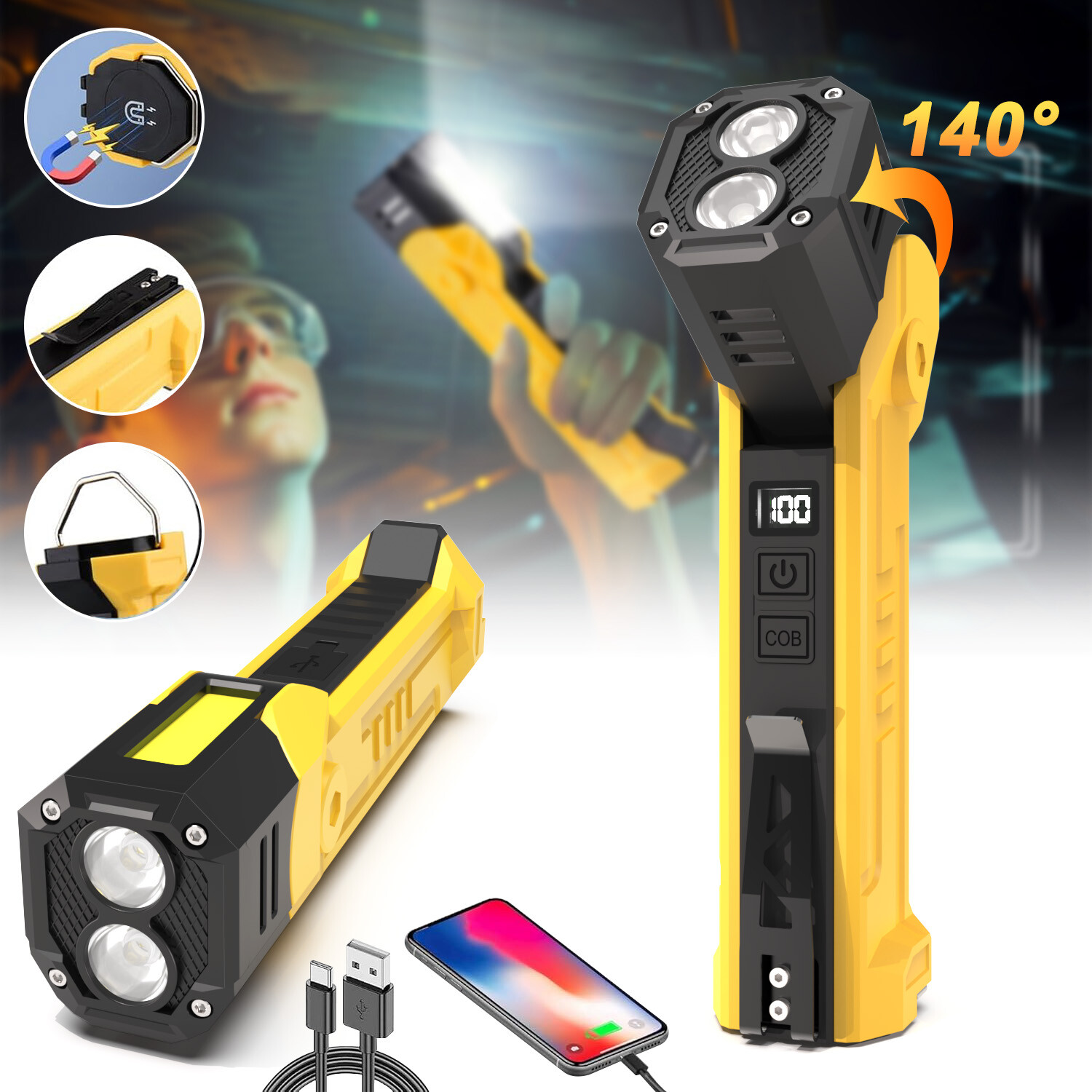 Rechargeable Work Light Mechanic Flashlight Lamp Magnetic Base Phone Power Bank