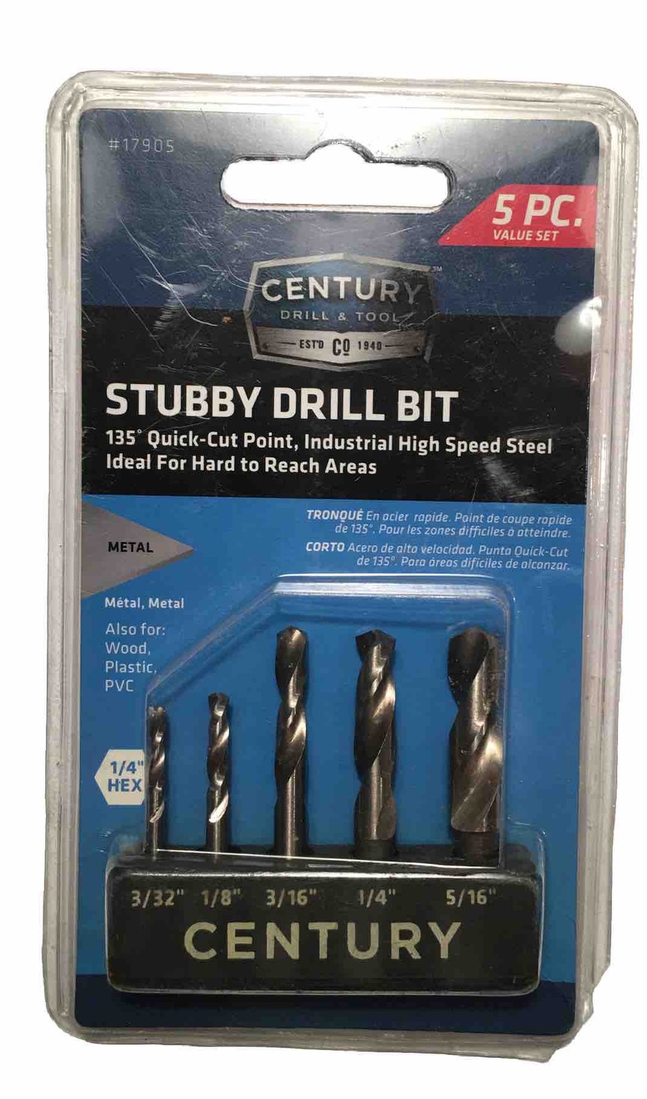 Century Drill & Tool 17905 5 Piece Stubby Hex Shank Drill Bit Set NEW