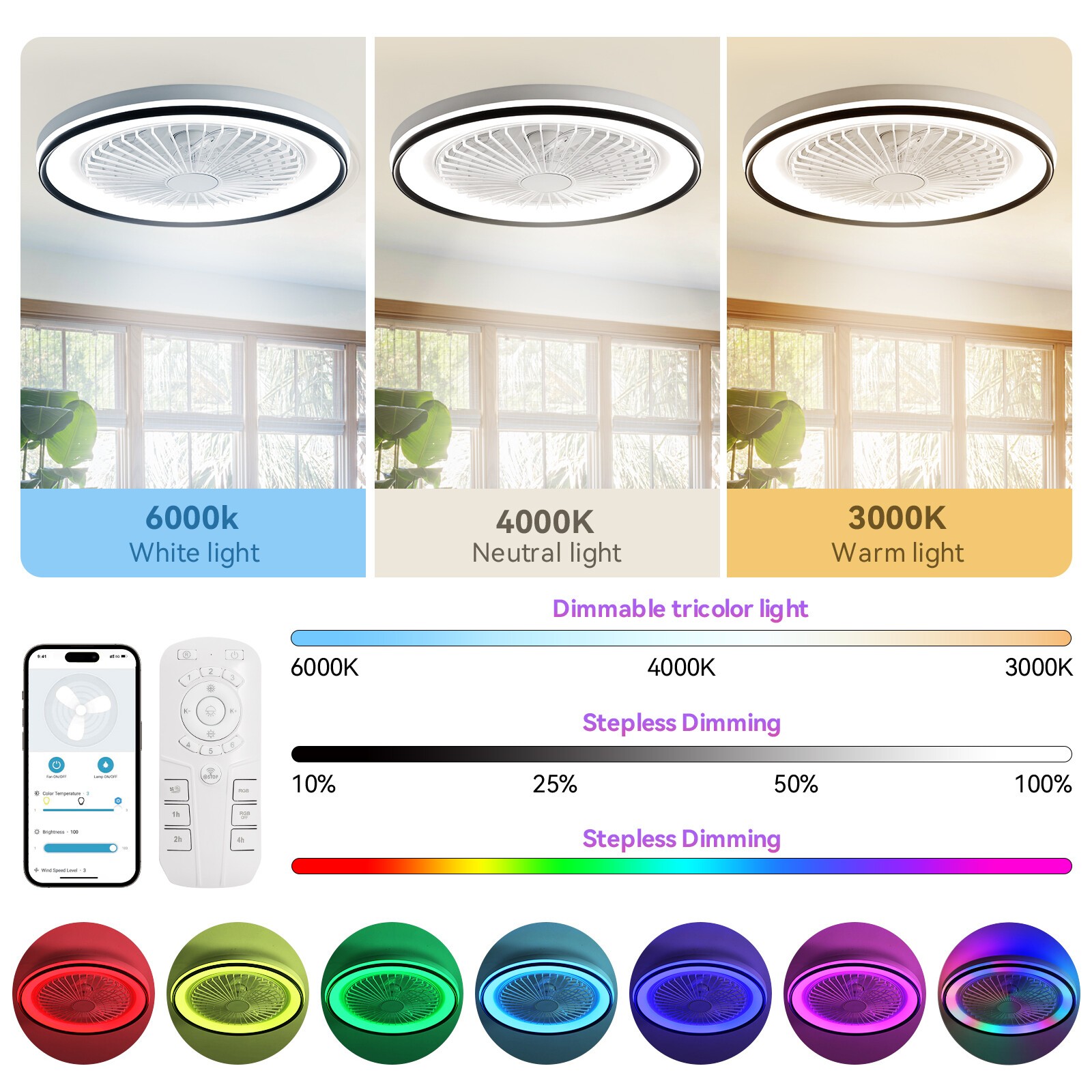 19in Flush Mount LED Ceiling Fan with RGB Light Remote & APP Control Fan Light