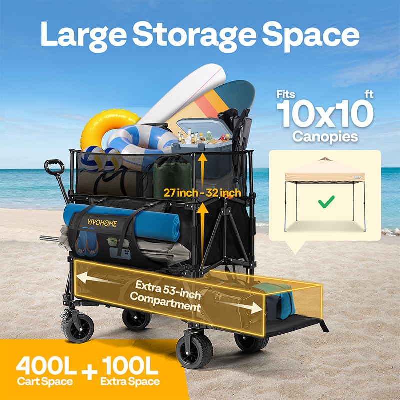 500L Capacity Double Decker Collapsible Wagon 600lbs Utility Cart w/ Big Wheels