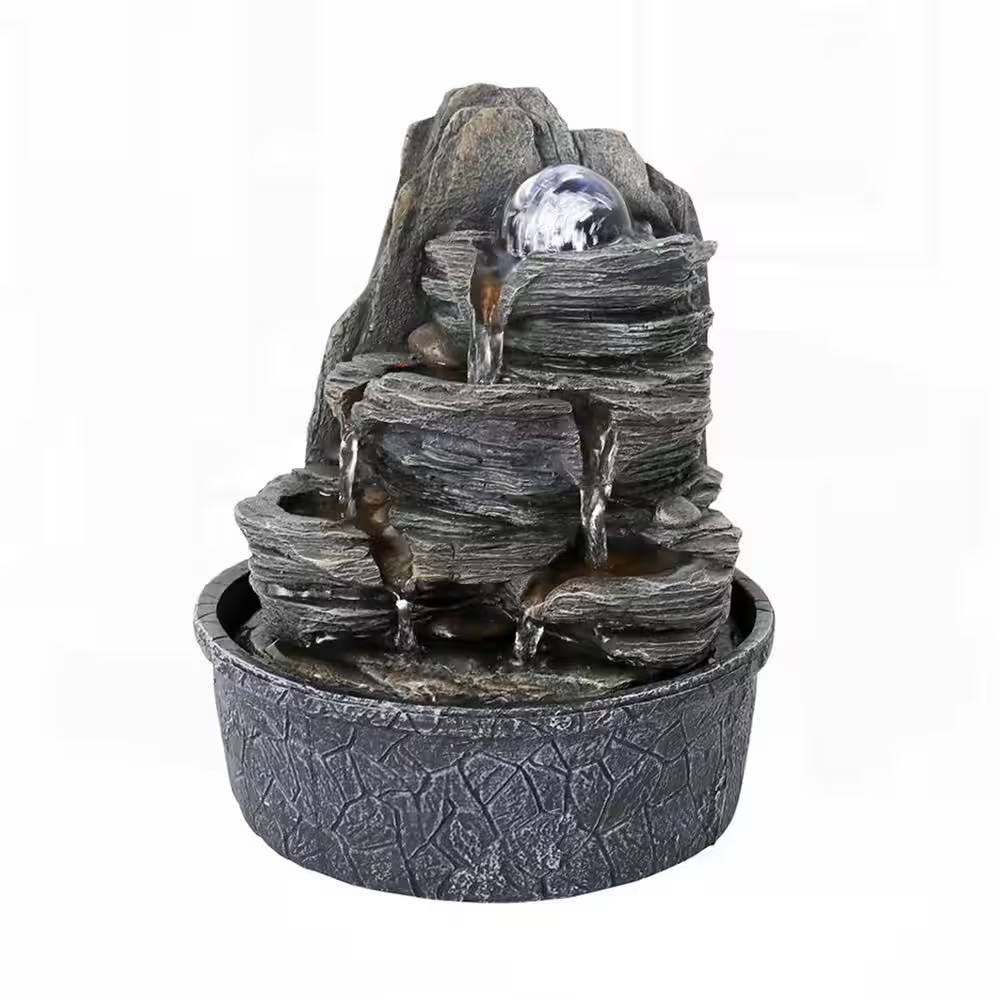 9.8 In. Resin Rockery Indoor Tabletop Tiered Fountain with LED Lights and Crysta