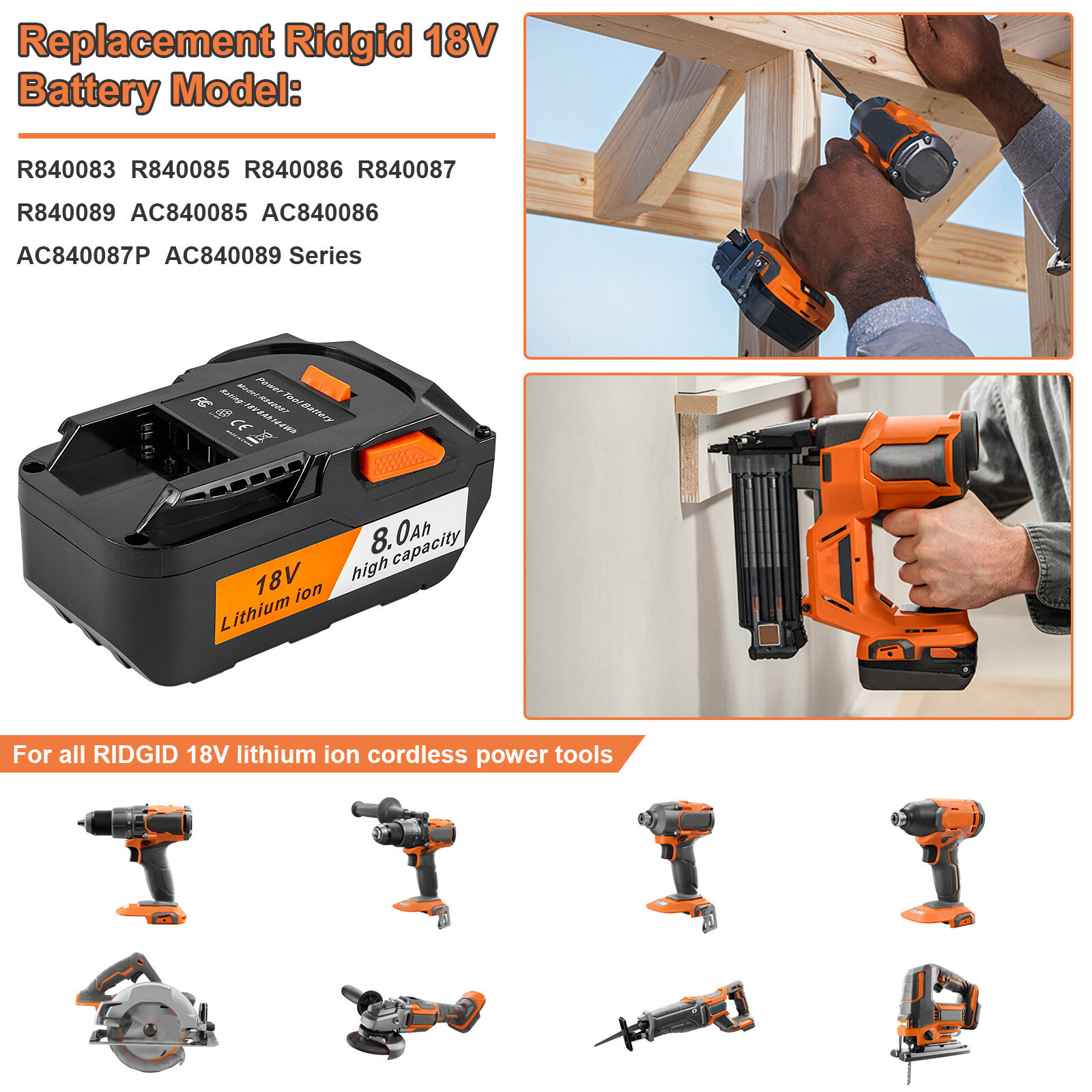 8000mAh For Ridgid R840085 6.0Ah Lithium Battery Rigid 18Volt R840087 Power Tool