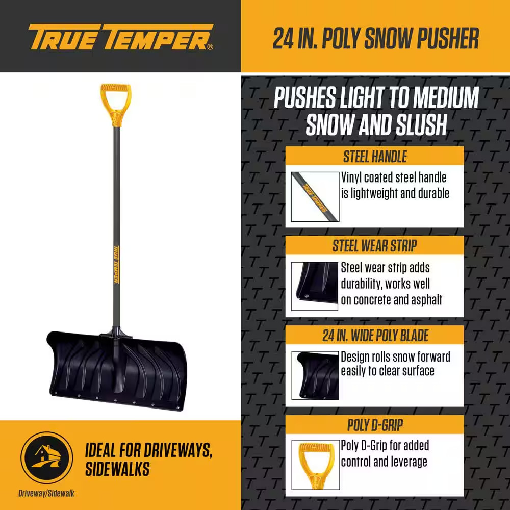 Snow Shovel 24in Plastic Blade Steel Handle Pusher Poly D Grip Durable Snow Tool